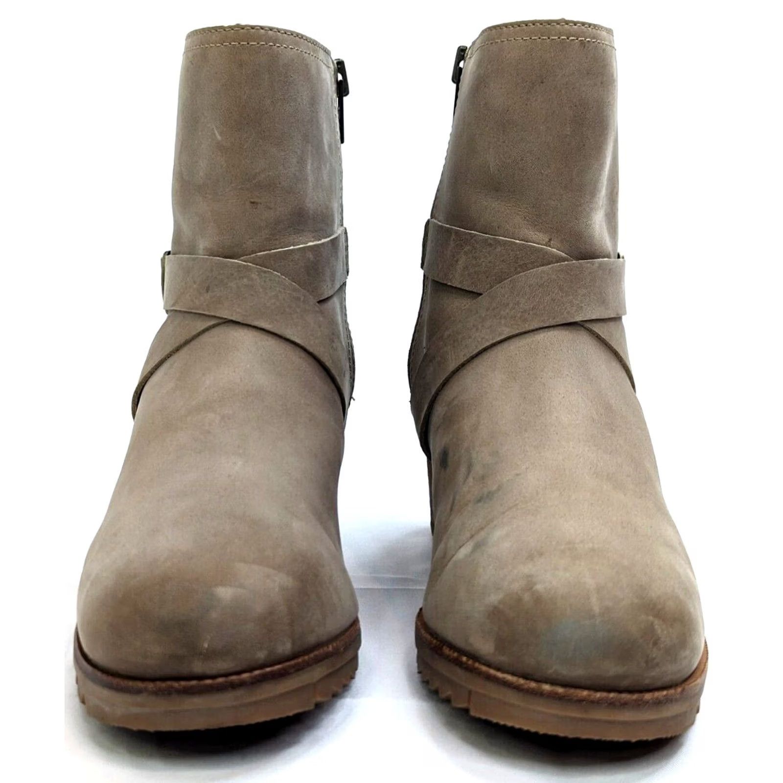 SOREL SOREL Out N About Boots Women 9 Taupe Leather Ankle 8" Tall w 2.5" Heel Buckle Strap Zip NL3708-251 Brown Leather Western Casual Winter Fall Size US 9 / IT 39 - 3 Thumbnail