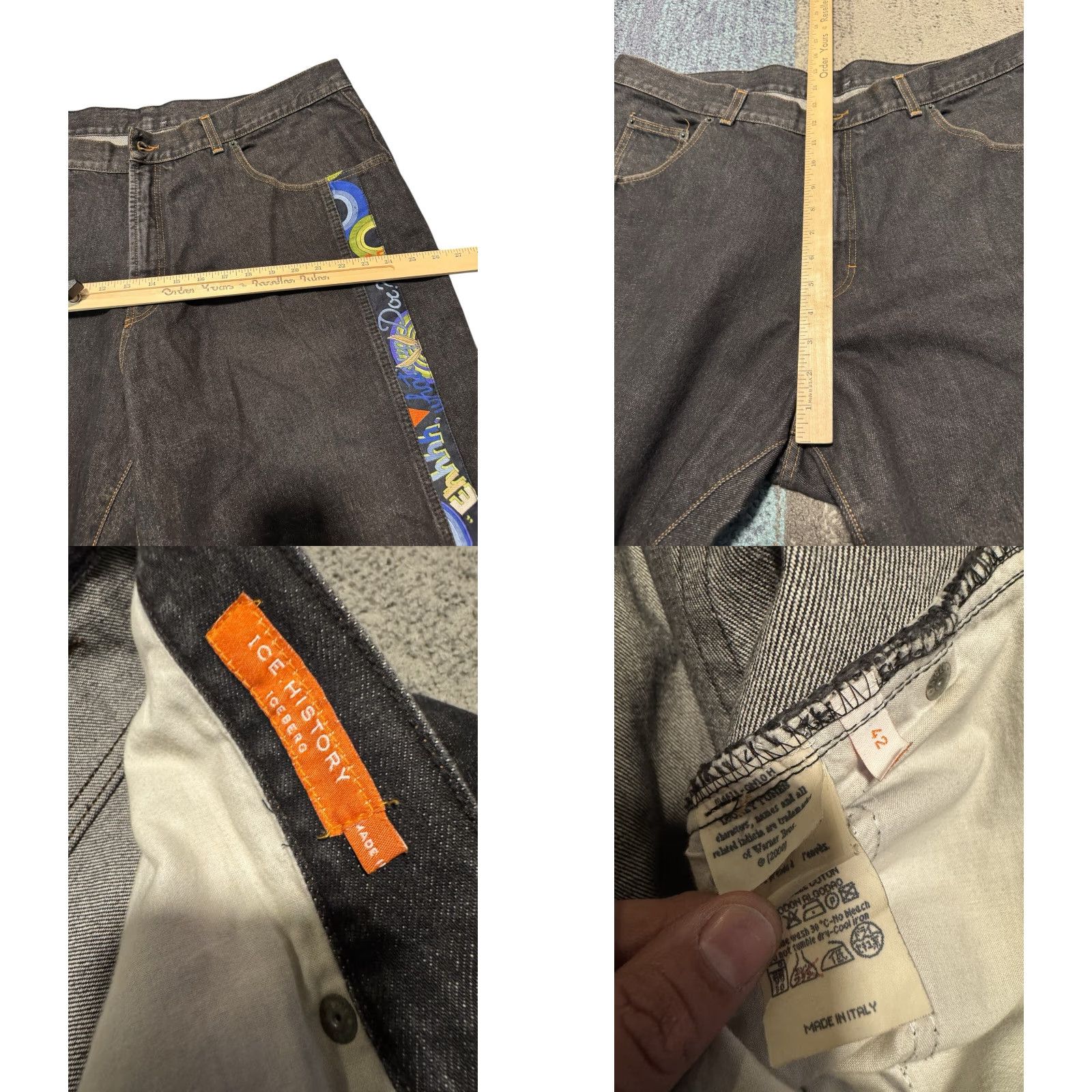 Vintage Iceberg Jeans History Bugs Bunny Looney Tunes Mens 42x34 Black Baggy Italy Wide Leg Jeans Distressed Stretch 5-Pocket Hip Hop Modern Wide-Leg Mens Size US 42 / EU 58 - 11 Thumbnail