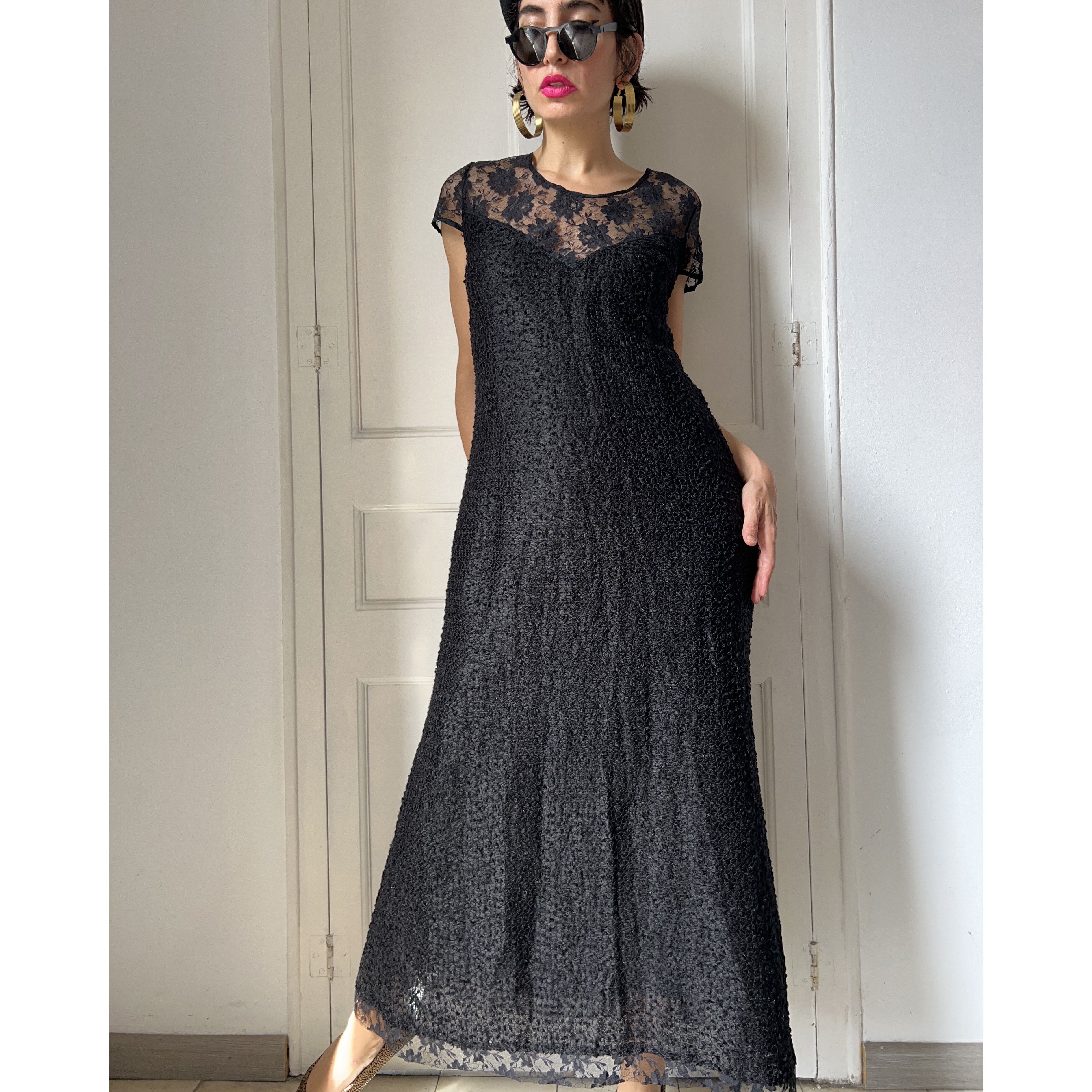 Vintage Vintage 90s Black Bouclé Lace Maxi Dress Size M / US 6-8 / IT 42-44 - 2 Thumbnail