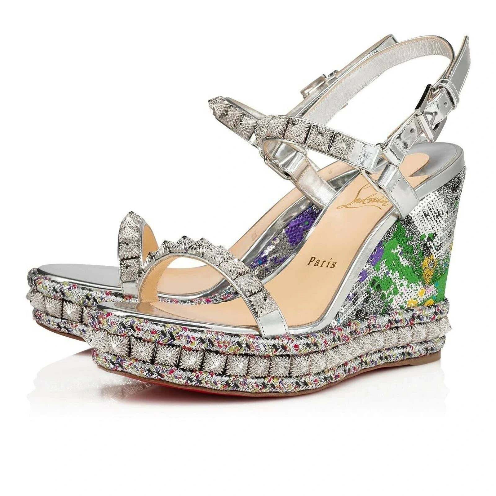 Christian Louboutin Pira Ryad 110 Silver Sequin Platform Wedge Sandal Heel 36 Size US 6 / IT 36 - 1 Thumbnail