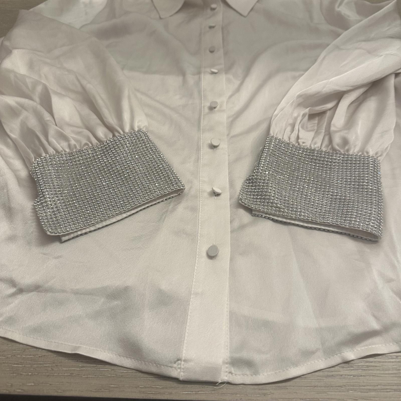 Designer Eloquii Elegant White Silk Blouse with Rhinestone Cuffs Size XXL / US 16-18 / IT 52-54 - 3 Thumbnail