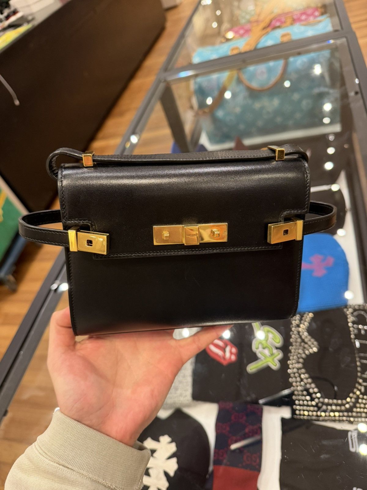 Saint Laurent Paris YSL Manhattan Shoulder Bag in Black Box Leather Mini Size ONE SIZE - 3 Thumbnail