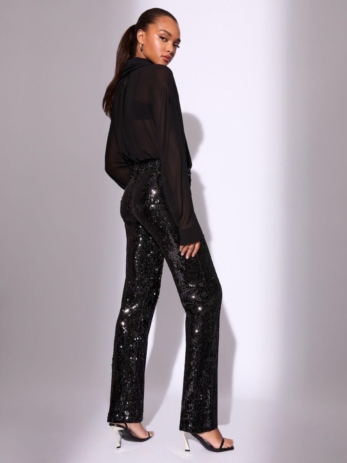 The Unbranded Brand Black Sequin Flare Pants Stretch High Rise Glam Womens Sz L Size 36" / US 14 / IT 50 - 8 Thumbnail