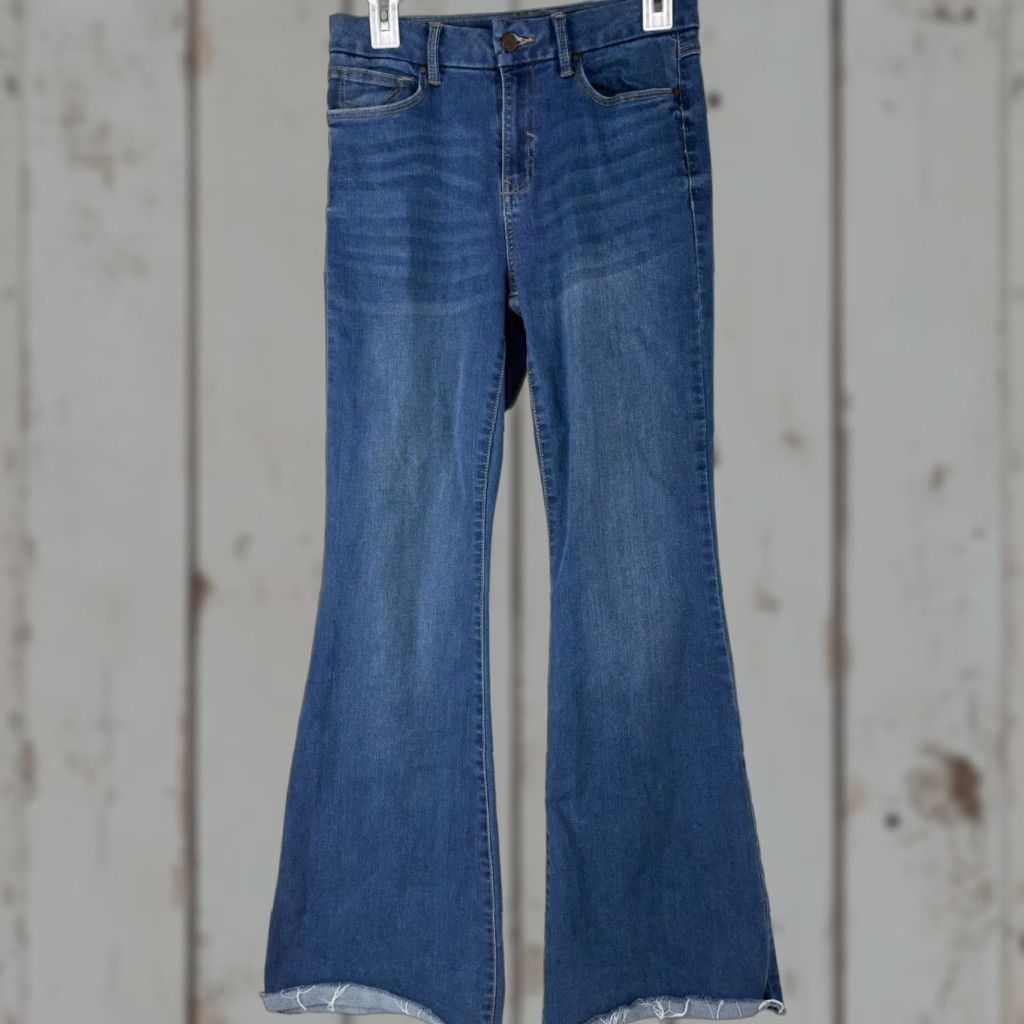 Vintage Sincerely Jules Wide Leg Jeans 7/28 Size Womens Blue Cotton Polyester Spandex Denim Raw Wash 5-Pocket Button Zip Rise Mid Inseam 30in Size 28" / US 6 / IT 42 - 1 Thumbnail