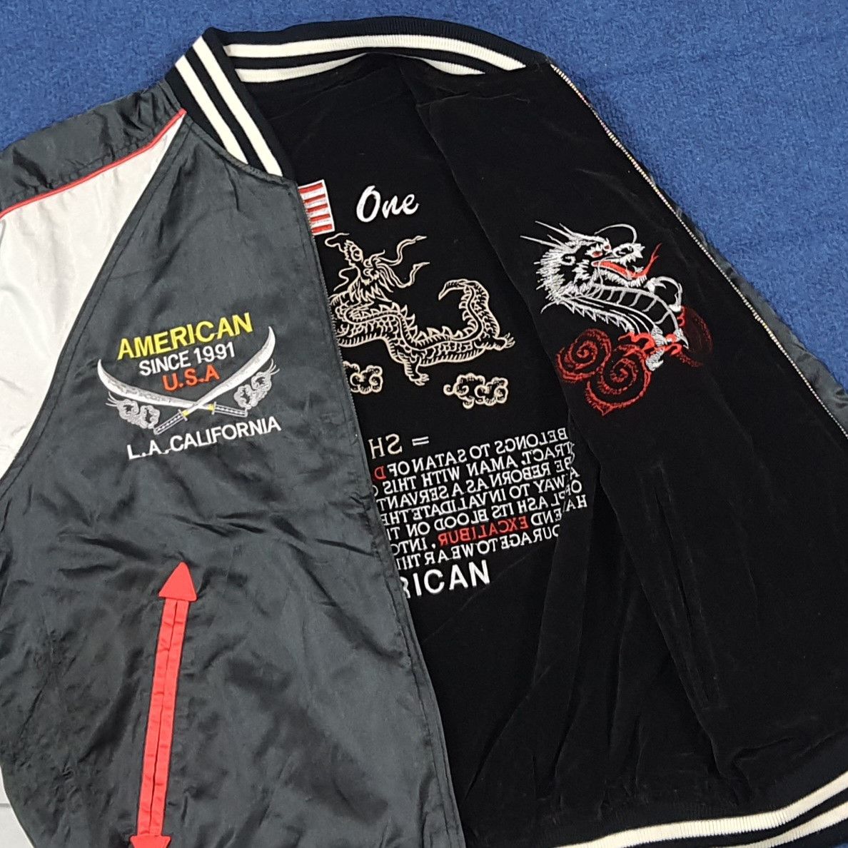 Japanese Brand Reversible Sukajan Bomber American Spirit Shoot One C291N24 Size US M / EU 48-50 / 2 - 7 Thumbnail