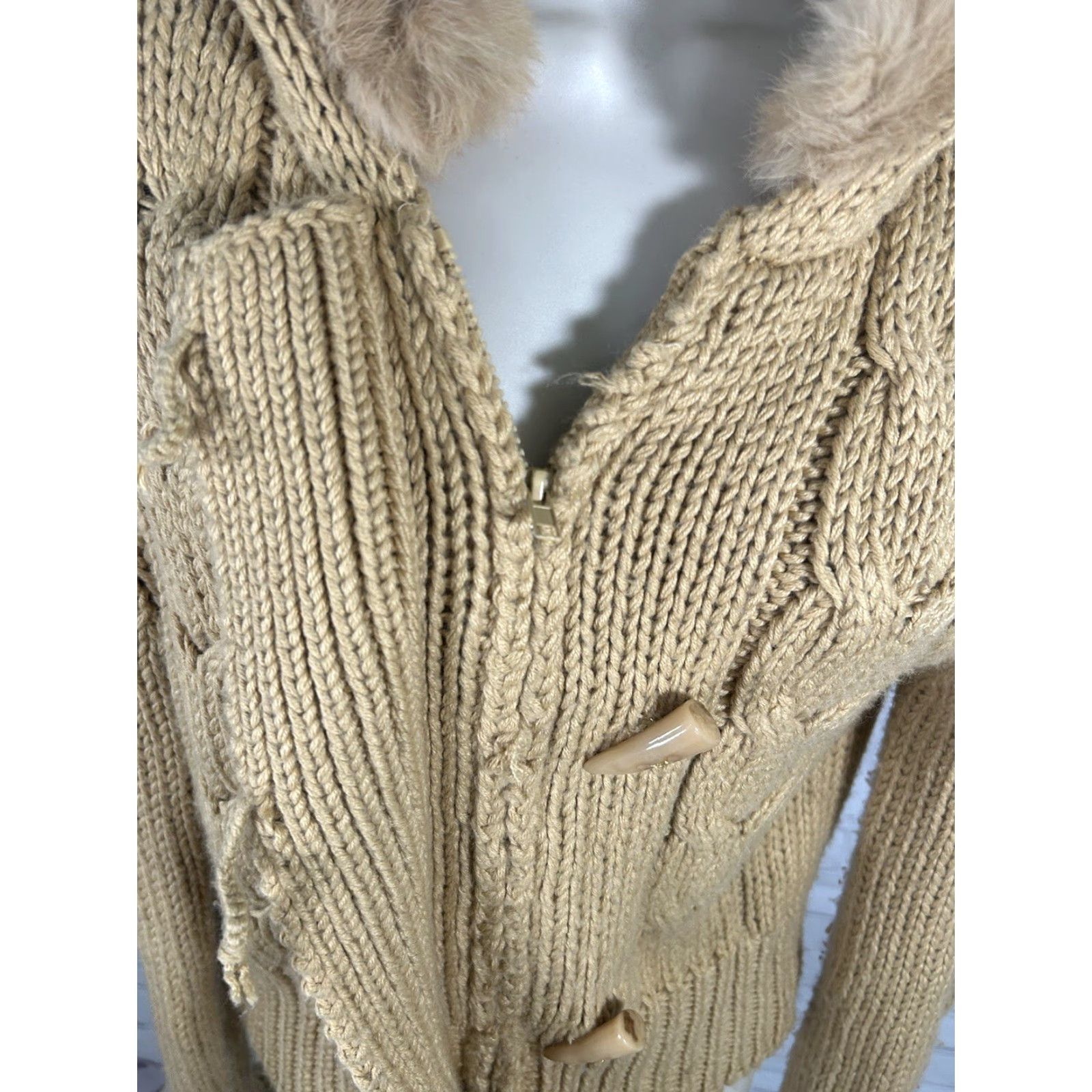 Vintage Kenji Full Zip Sweater Women Handmade Hand Knit Hooded Tan Brown Faux Rabbit Fur Accents Chunky Knit S XL Vintage: No Mens Womens? (Wait) Size S / US 4 / IT 40 - 6 Thumbnail