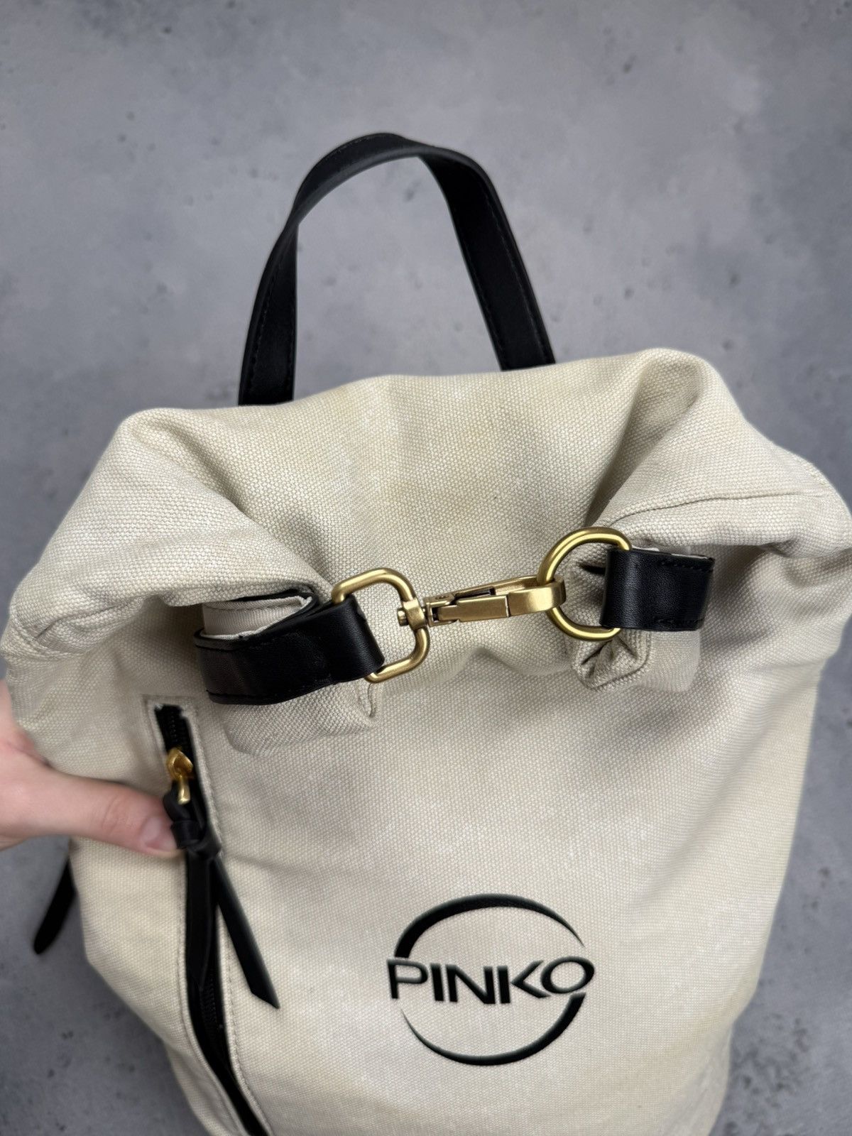 Pinko Pinko Beige Canvas Leather Roll Top Backpack Gold Hardware Size ONE SIZE - 9 Thumbnail