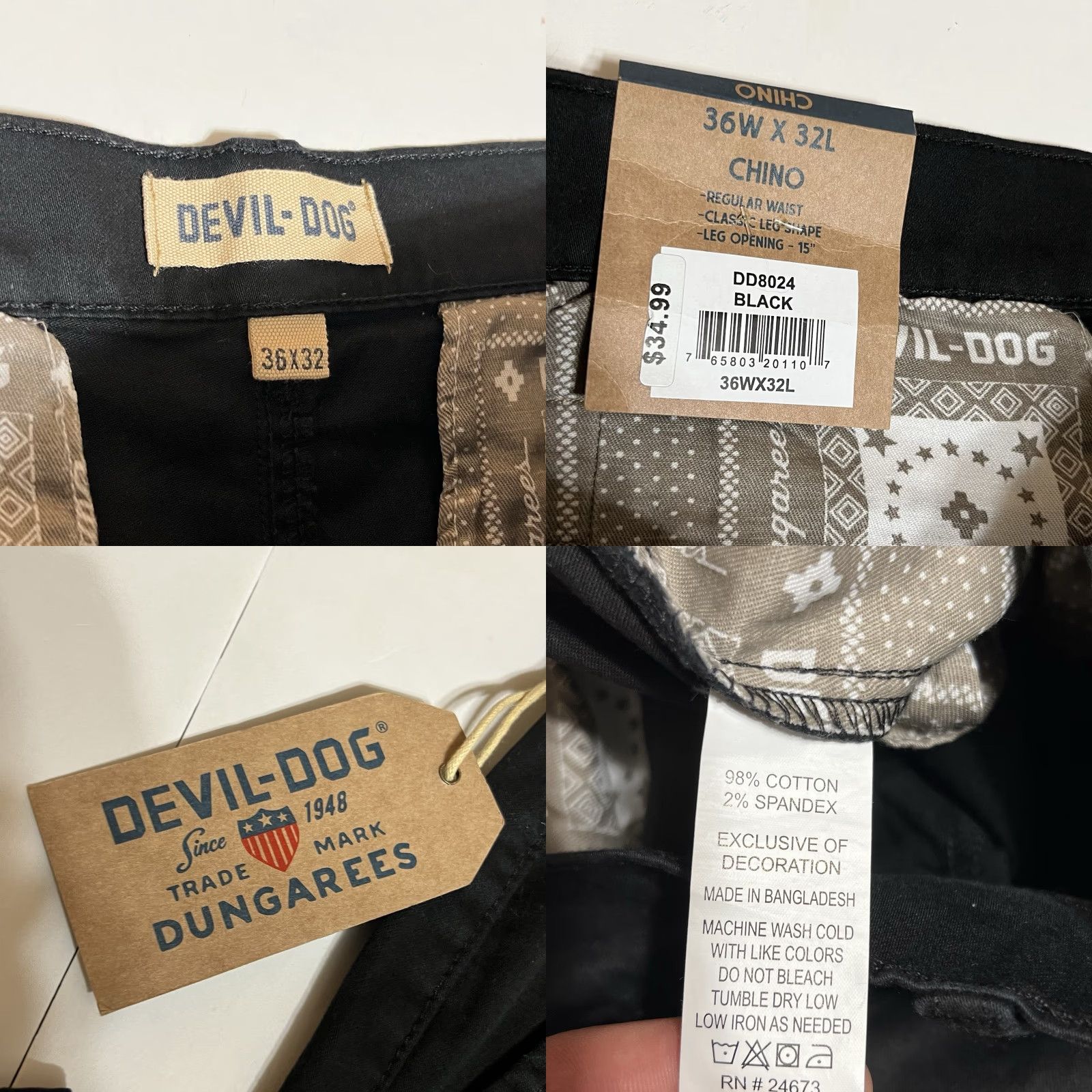 Vintage DEVIL-DOG Dungarees Chino Pants Mens 36x32 36x31 Black NWT Vintage? Military Logo 5-Pocket Straight Front Classic Fit Clothing Size US 36 / EU 52 - 8 Thumbnail