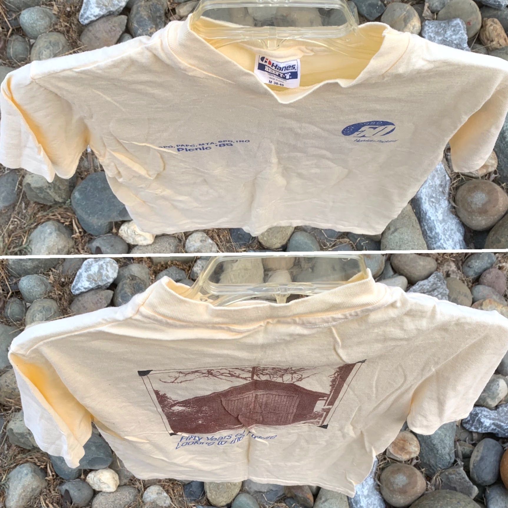 Hanes VINTAGE Hewlett-Packard 50 Years T-Shirt Graphic Tee Men M Ivory 100% Cotton Hanes BEEFY-T US 1989 Picnic ’89 HP M Size US M / EU 48-50 / 2 - 2 Thumbnail