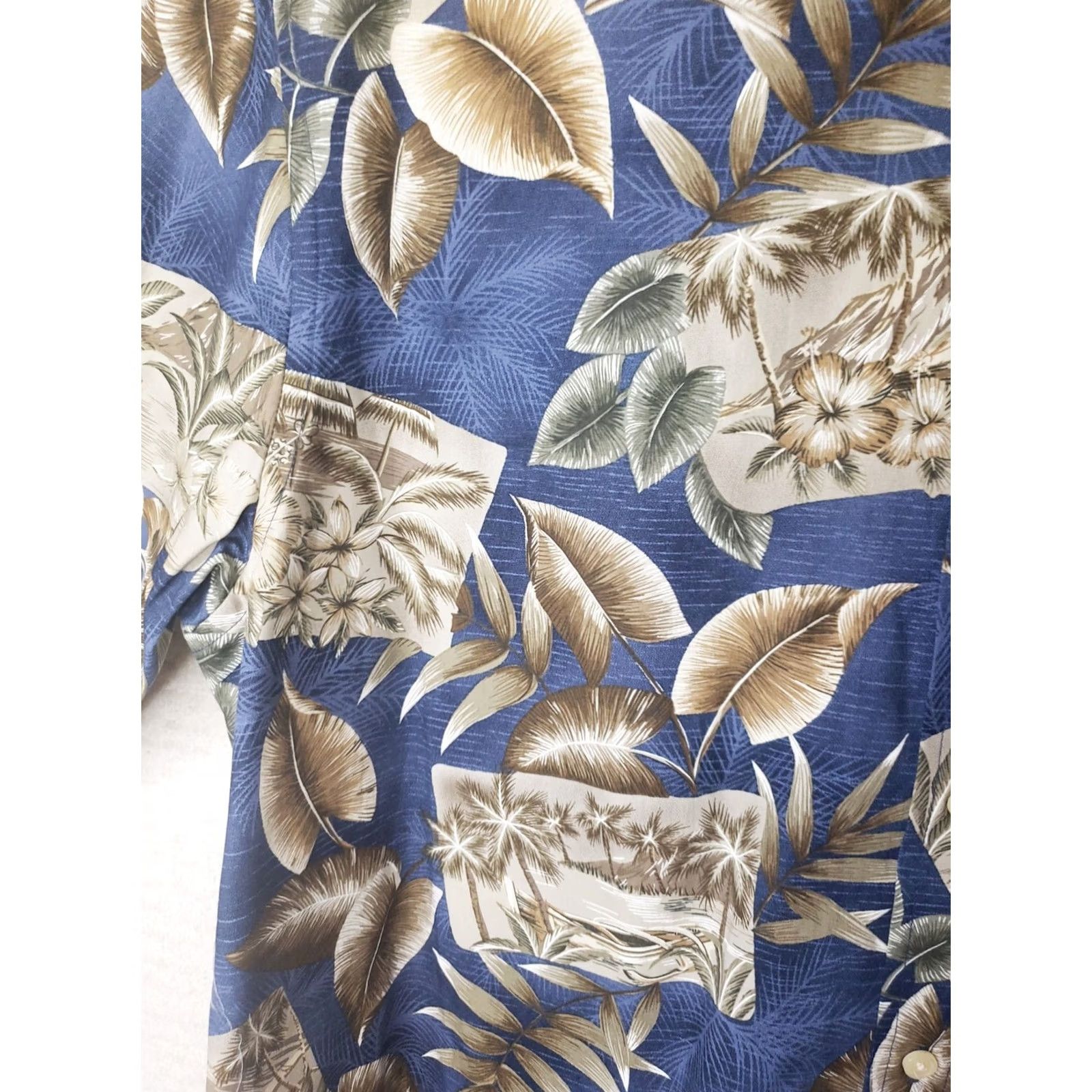 Vintage David Taylor Hawaiian Camp Shirt XLT Tan Blue Palms Ocean Mountains Men's Big & Tall Cotton Casual Summer Button-Up Collared Short Sleeve Relaxed Fit Size US XL / EU 56 / 4 - 6 Thumbnail