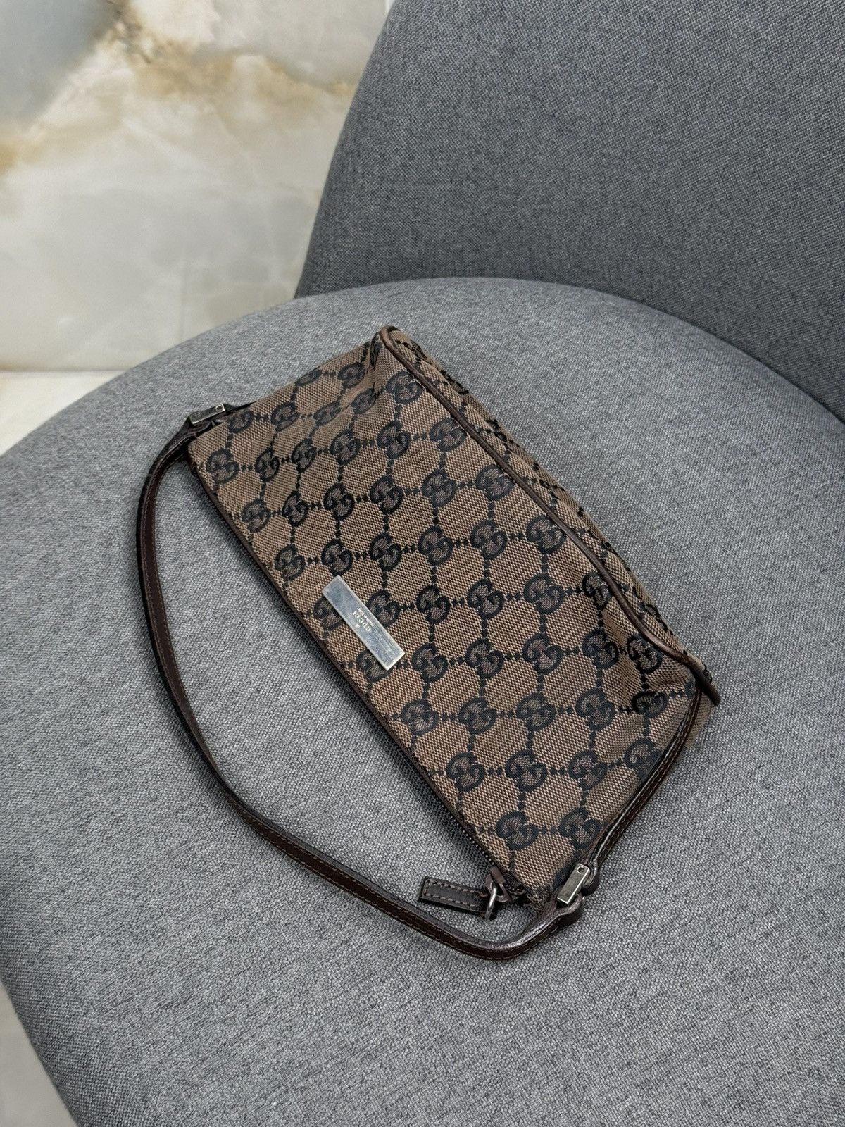 GUCCI Hand Bag Pouch Purse GG Canvas Leather Brown bag