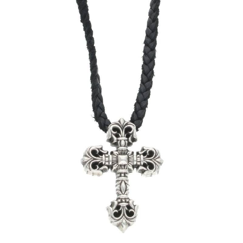 image of Chrome Hearts Filigree Cross With Leather Braid in Silver, Men's