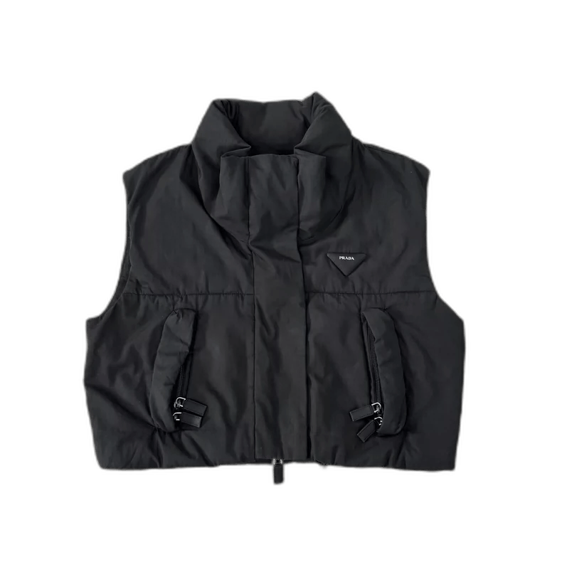 ジャケット・アウター prada triangle logo down vest navy PRADA Men Down Vest Blue Brown Leather Pads Triangle Logo