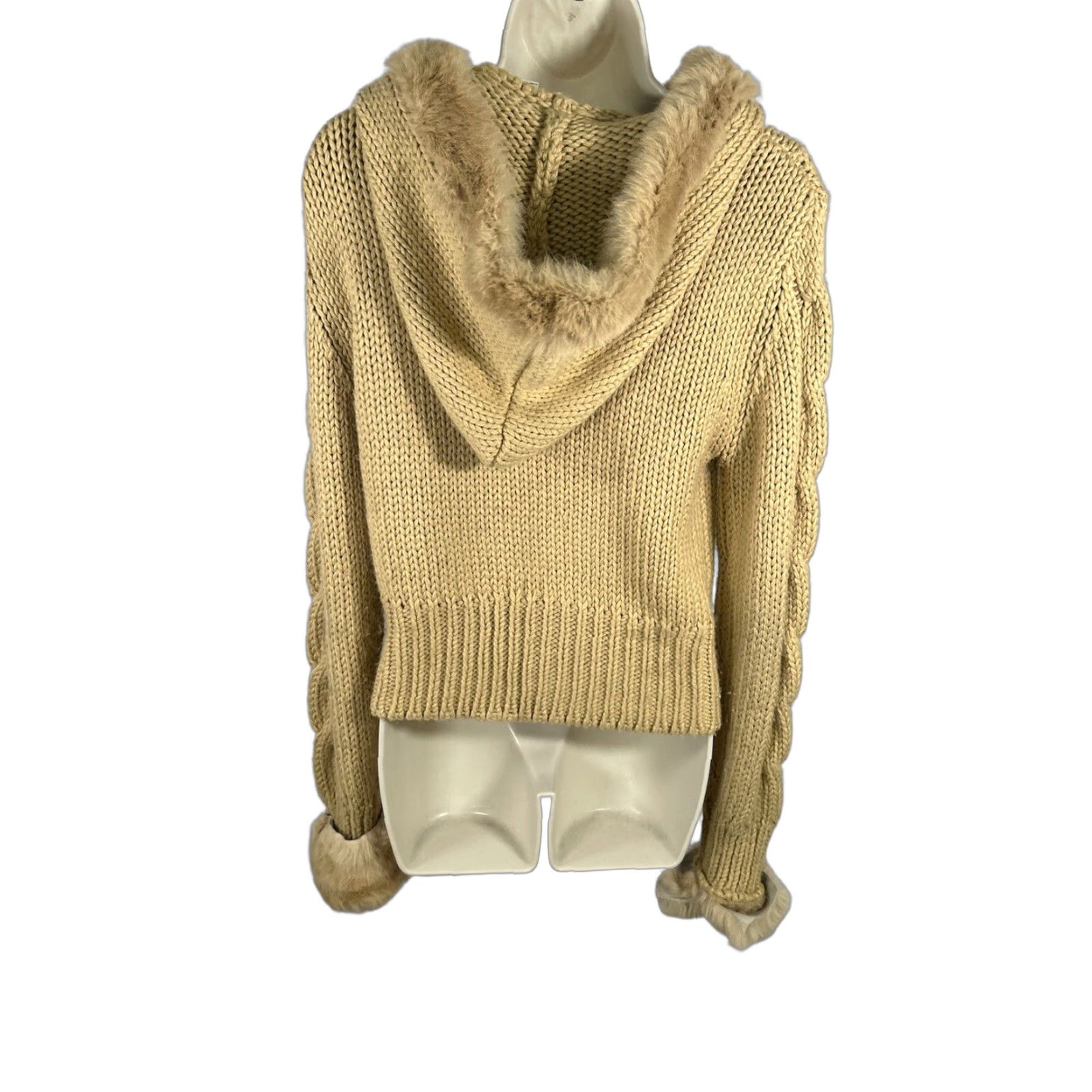 Vintage Kenji Full Zip Sweater Women Handmade Hand Knit Hooded Tan Brown Faux Rabbit Fur Accents Chunky Knit S XL Vintage: No Mens Womens? (Wait) Size S / US 4 / IT 40 - 1 Thumbnail