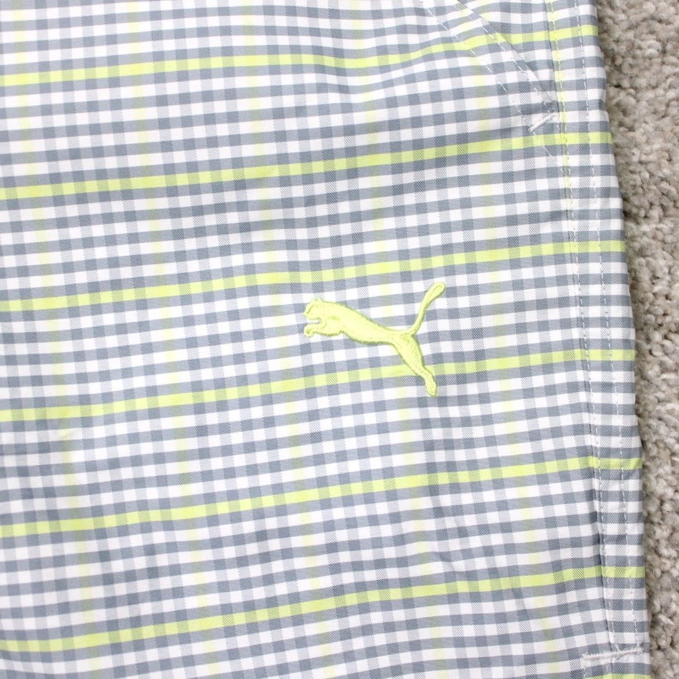 Puma Puma Shorts Mens 32 Gray Yellow Checkered Dry Cell CleverDry Pockets Knit Inseam 11in Regular Size US 32 / EU 48 - 4 Thumbnail