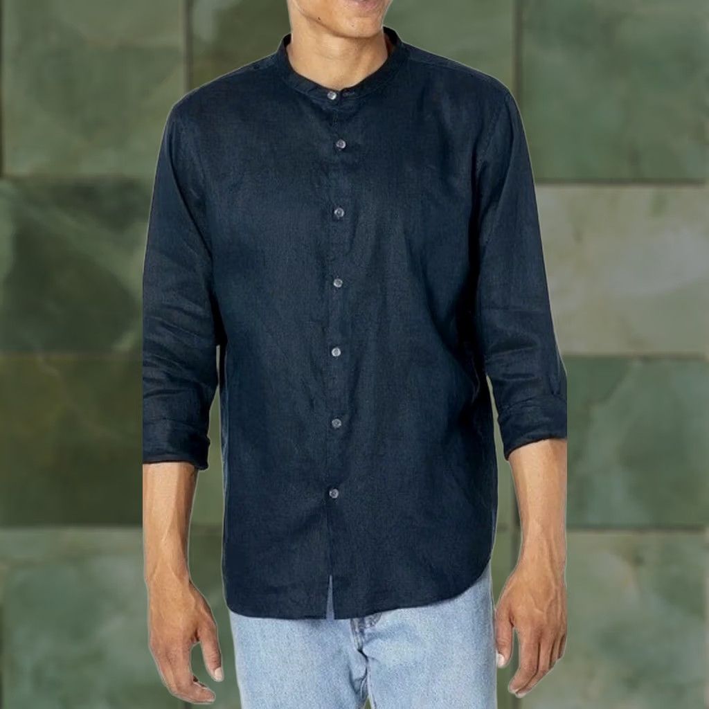 Theory Theory Shirt Mens L Navy 100% Linen Button Down Band Collar Relaxed Long Sleeve Vintage? Size US L / EU 52-54 / 3 - 1 Thumbnail