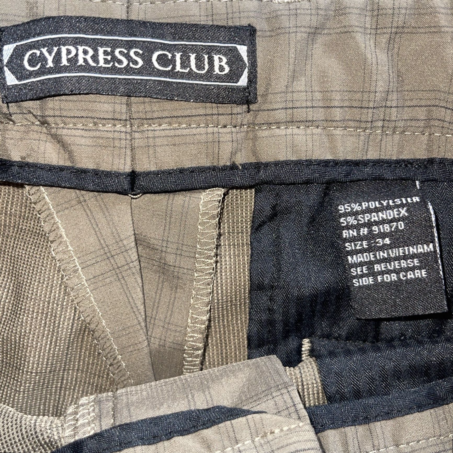 Vintage Cypress Club Mens Golf Shorts Size 34 Stretch Tan Brown Windowpane Solid Pattern Flat Front Zip Pocket Inseam 10in Chino Casual Outdoor Mens Size US 34 / EU 50 - 3 Thumbnail