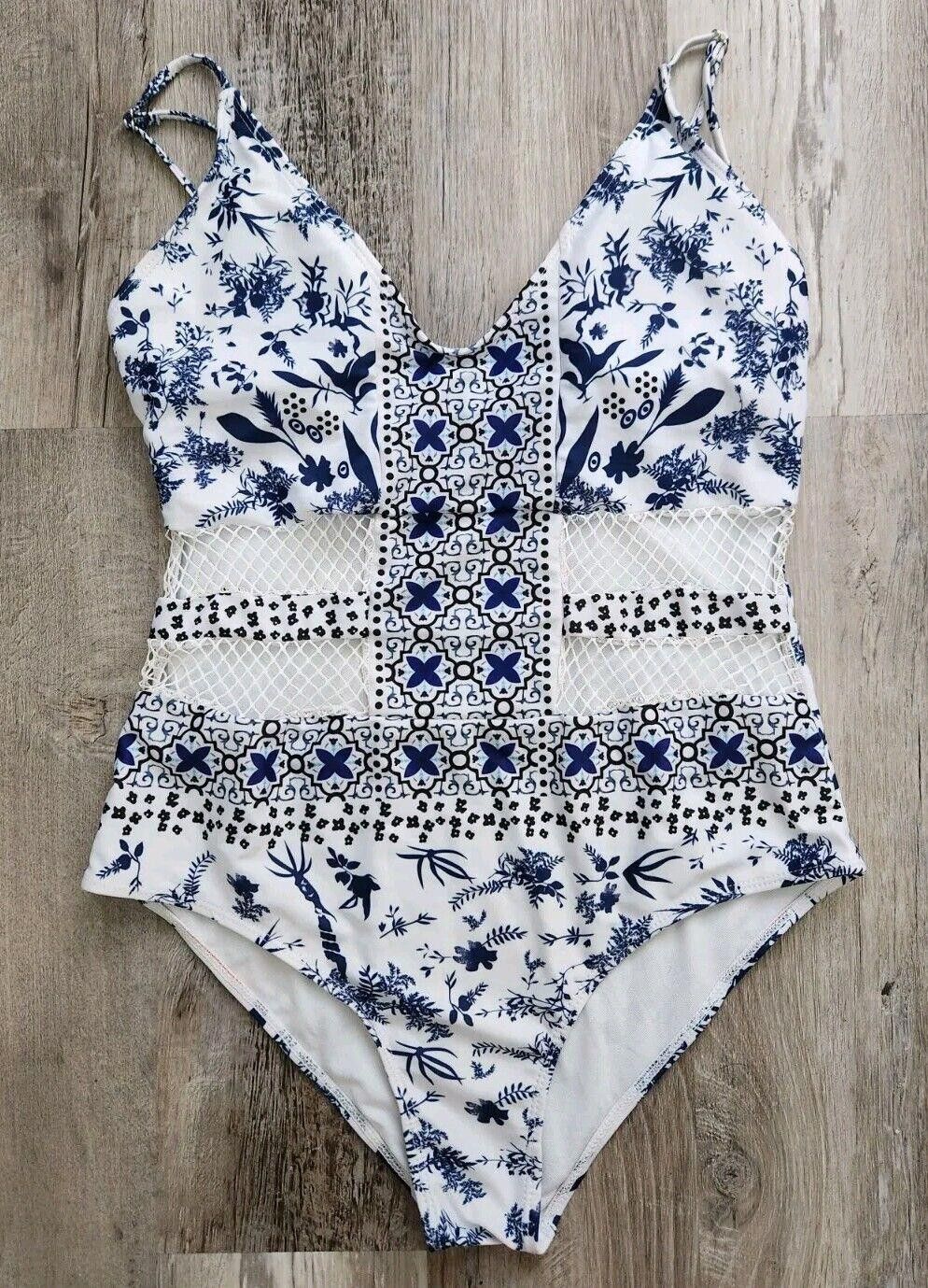 Designer Womens One Piece Swimsuit Blue White Extra Large (Runs Small Size ONE SIZE - 1 Thumbnail