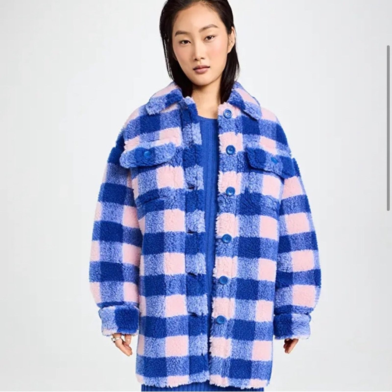 STAND STUDIO Stand Studio Sabi Oversized Blue & Pink Plaid Shacket Jacket Size XXS / US 00 / IT 34 - 1 Thumbnail