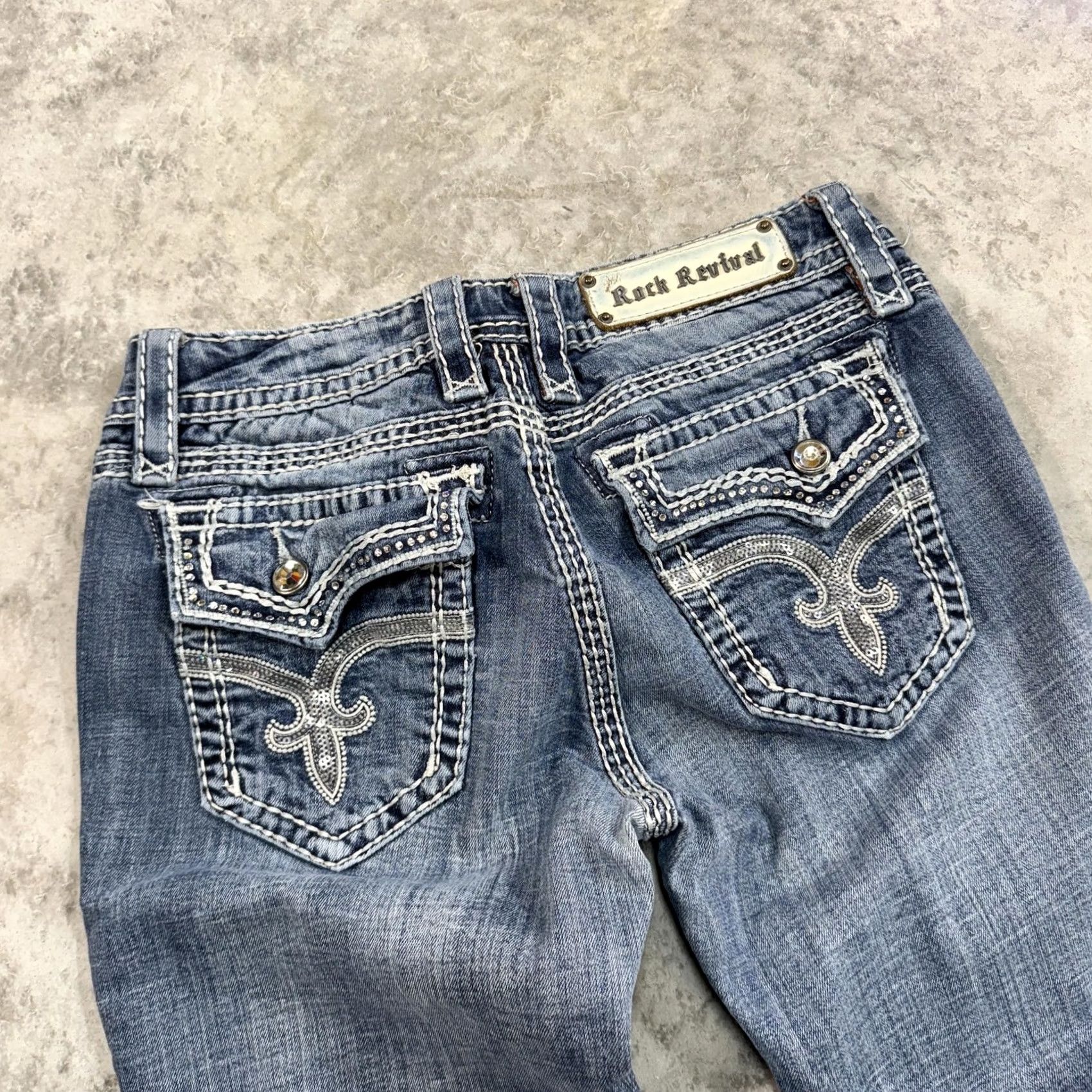 Vintage Rock Revival Jeans Women's 29 Blue Distressed Bootcut Embroidered Pockets Rhinestone Logo 90s 00s Vintage Inspired Size 29" - 2 Thumbnail