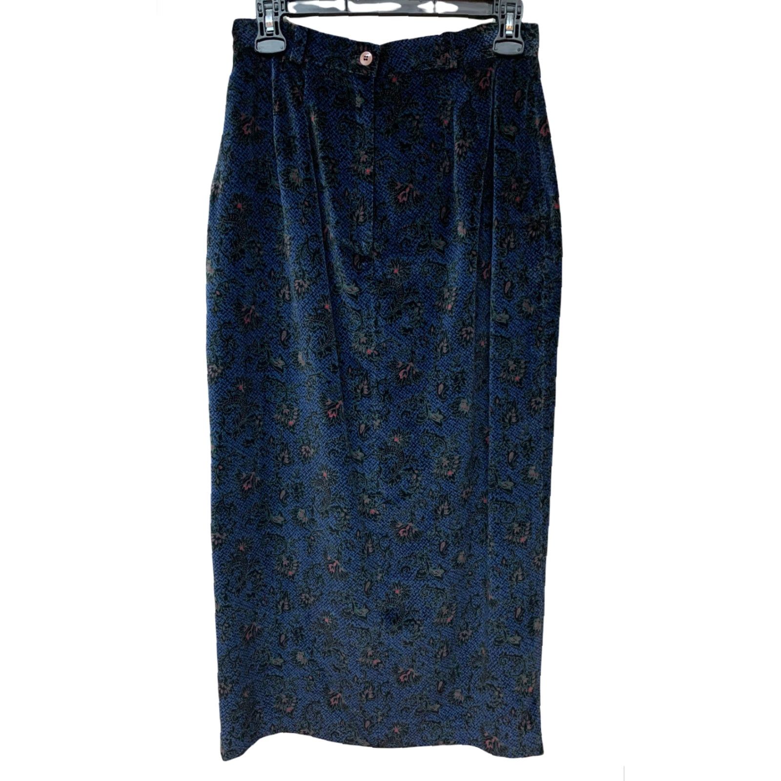 Velvet VINTAGE Breeches Pencil Skirt Long Modest Crushed Velvet Women's 27" Made USA Blue 27 in. 1980s Casual/Work Womens Size 27" / US 4 / IT 40 - 2 Thumbnail