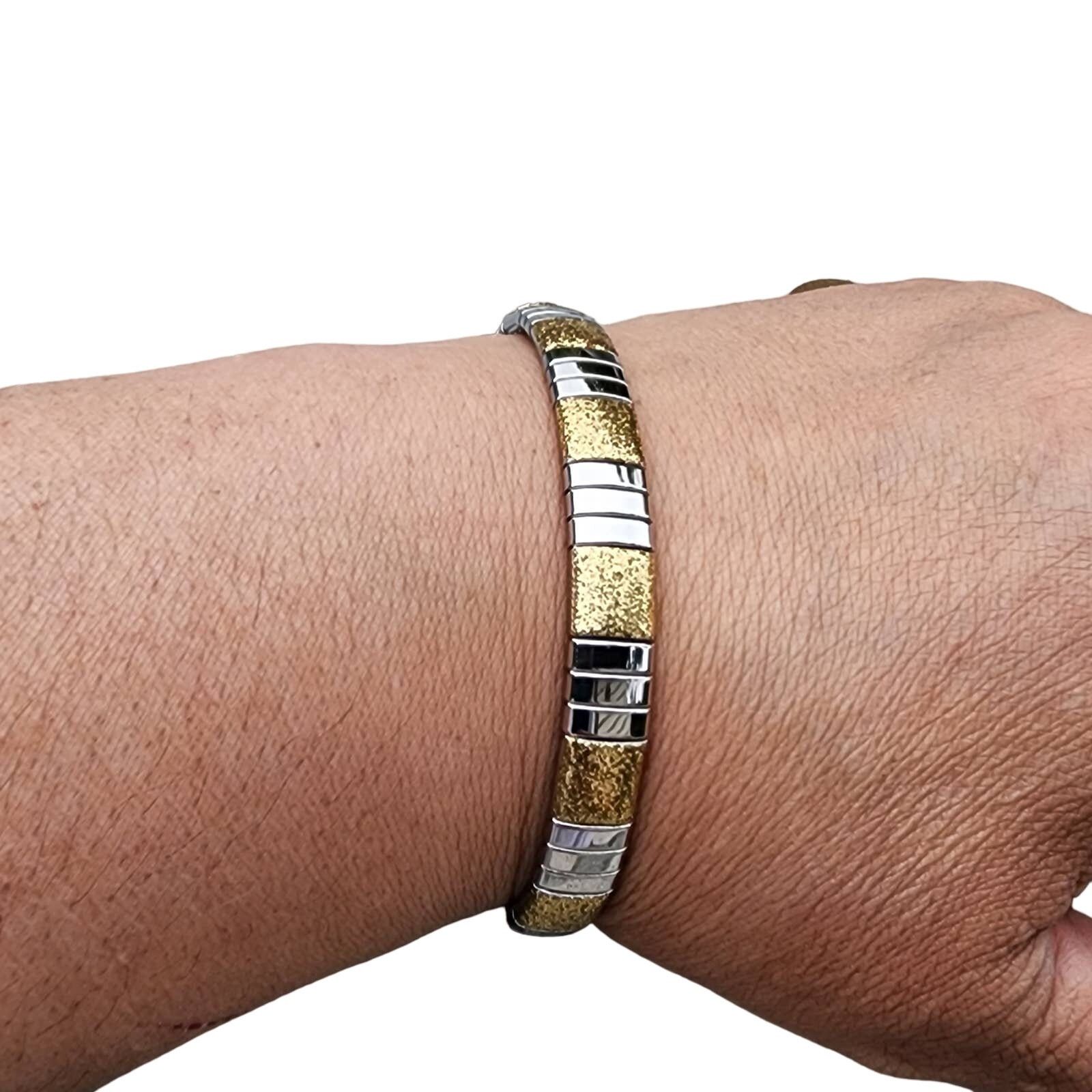 Designer Milor Polished Glitter Stainless Steel Stretch Link Bracelet Size ONE SIZE - 7 Thumbnail