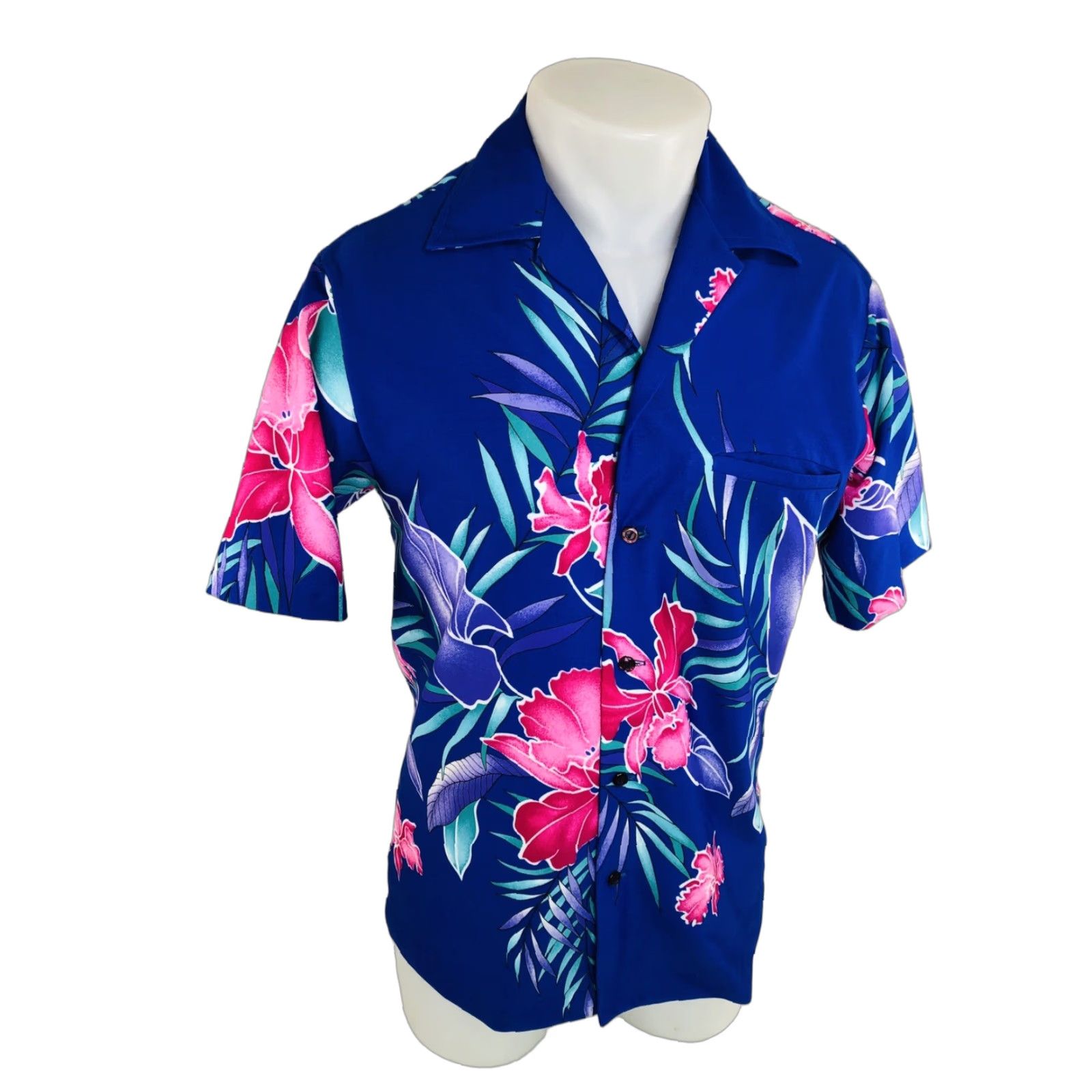 Vintage WALTAH CLARKE'S Floral Hawaiian Mens S Shirt - Short Sleeve Button-Up, Blue, Vintage EXCELLENT S/M Size US M / EU 48-50 / 2 - 1 Thumbnail