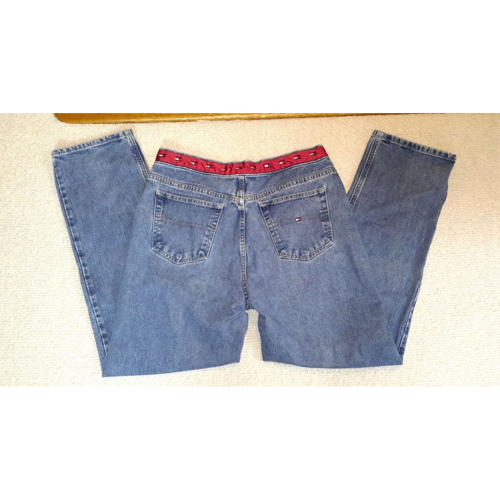 Tommy Hilfiger VINTAGE Tommy Hilfiger Womens High Waisted Jeans Flag Waistband 12 Straight Leg 1990s Blue Cotton Denim, Inseam 30, Casual, Mens Womens Boys Girls Size 34" / US 12 / IT 48 - 4 Thumbnail
