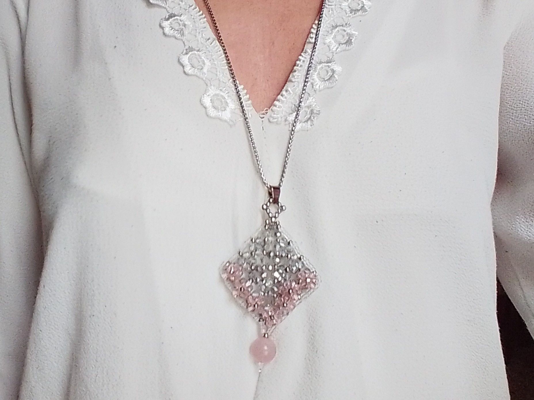 Handmade Long Necklace/ Talisman Pendant in Crystal Rose quartz Size ONE SIZE - 4 Thumbnail