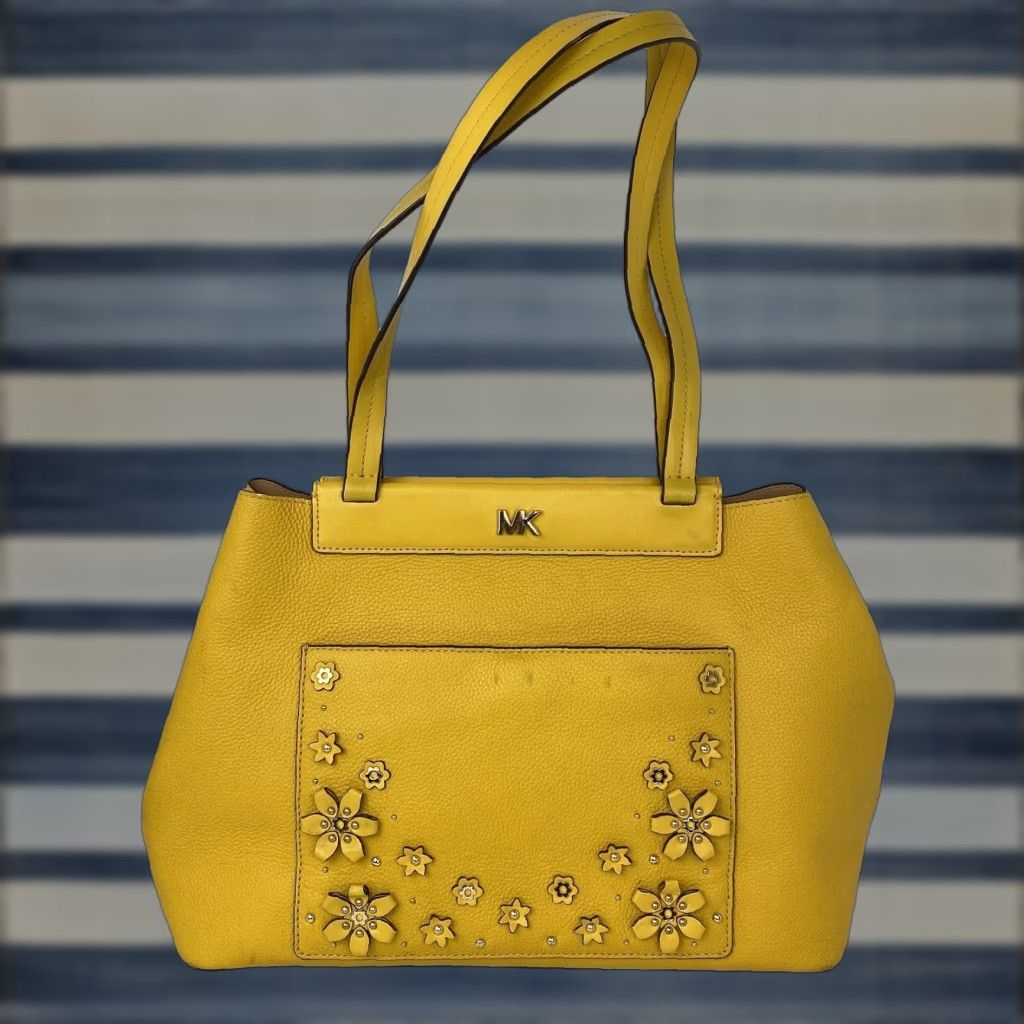 Michael Kors Meredith Yellow Floral Pebbled Leather Tote Shoulder Bag Medium Womens