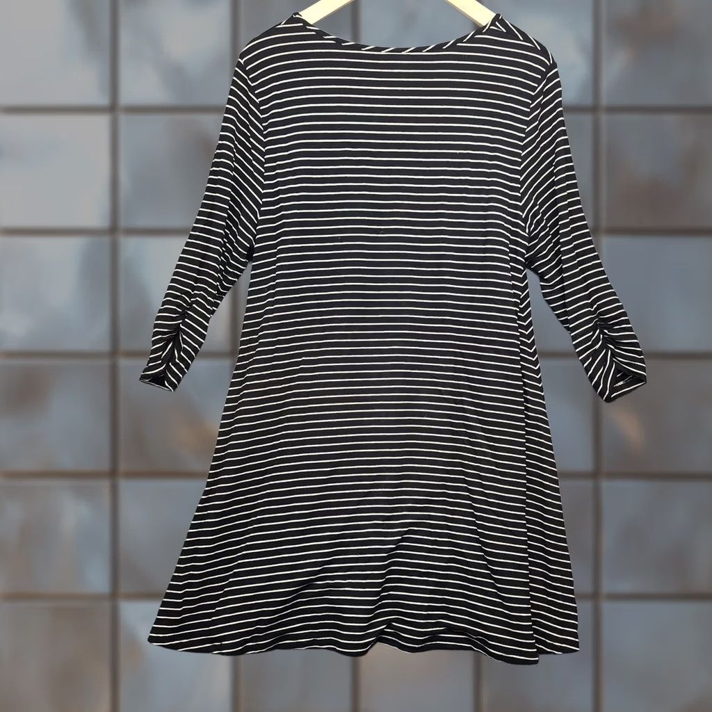 Vintage Garnet Hill Dress Womens Large Black White Striped Knit 3/4 Sleeve Casual Knee Length A-Line Size L / US 10 / IT 46 - 1 Thumbnail