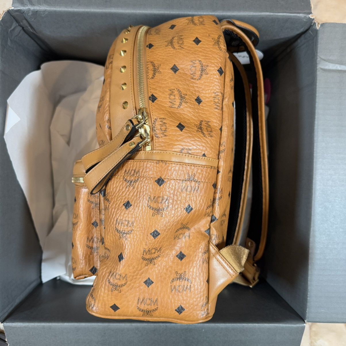 MCM MCM Visetos Studded Medium Stark M Logo Backpack Cognac Size ONE SIZE - 7 Thumbnail