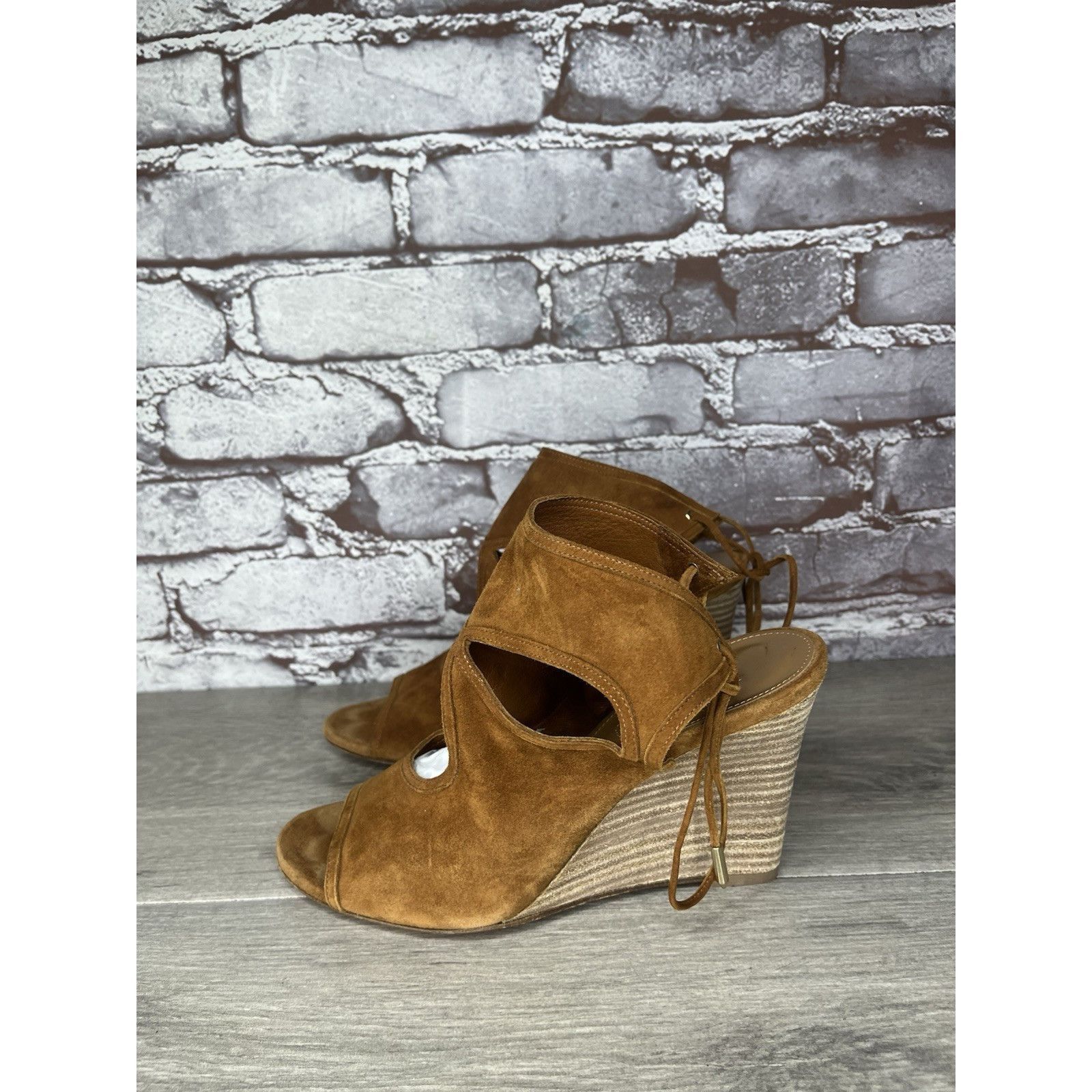 Aquazzura Aquazzura Sexy Thing Camel Ankle Open Toe Lace Up Suede Wedg Size US 7 / IT 37 - 19 Thumbnail