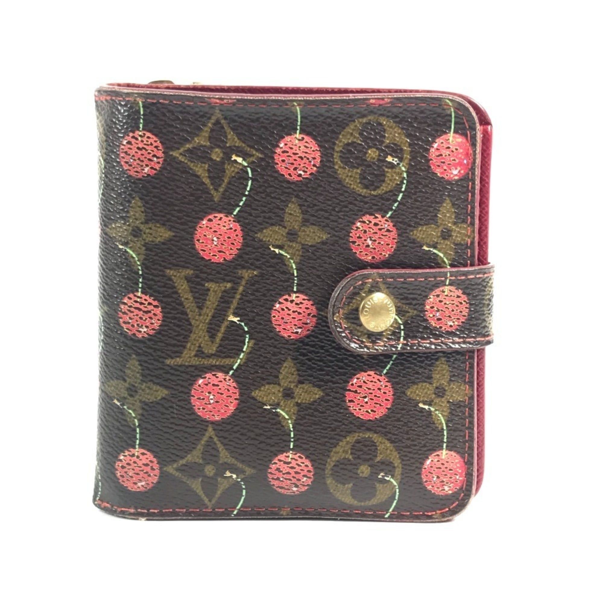 LOUIS VUITTON M95005 Monogram Cherry Compact Zip Wallet designed by Takashi Murakami featuring a cherry design. This compact bi-fold wallet is crafted from canvas and available in brown for both men women.