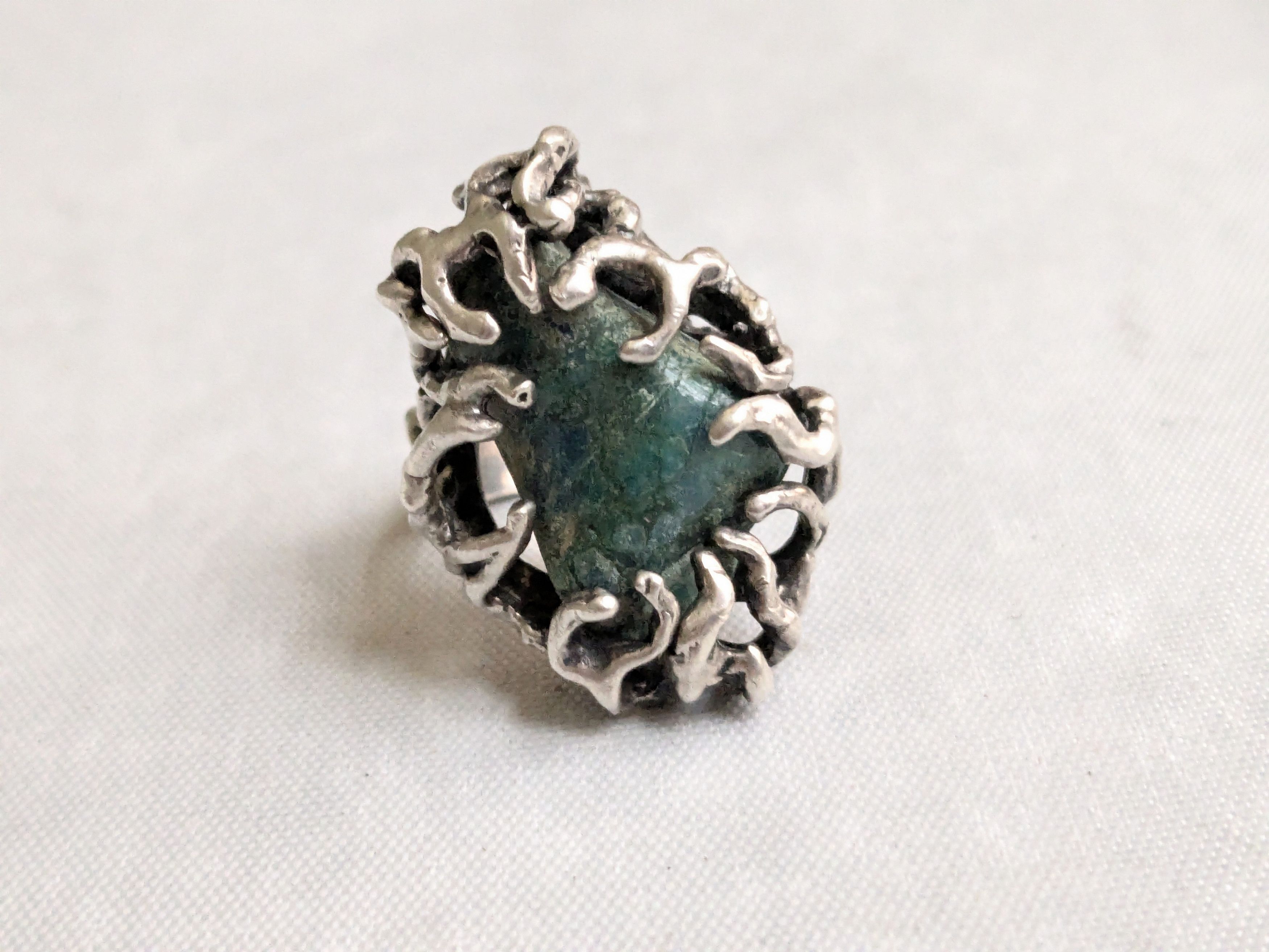 Jewelry Vintage Sterling Silver Ring Chrysocholla Brutalist 5.75 Size ONE SIZE - 3 Thumbnail