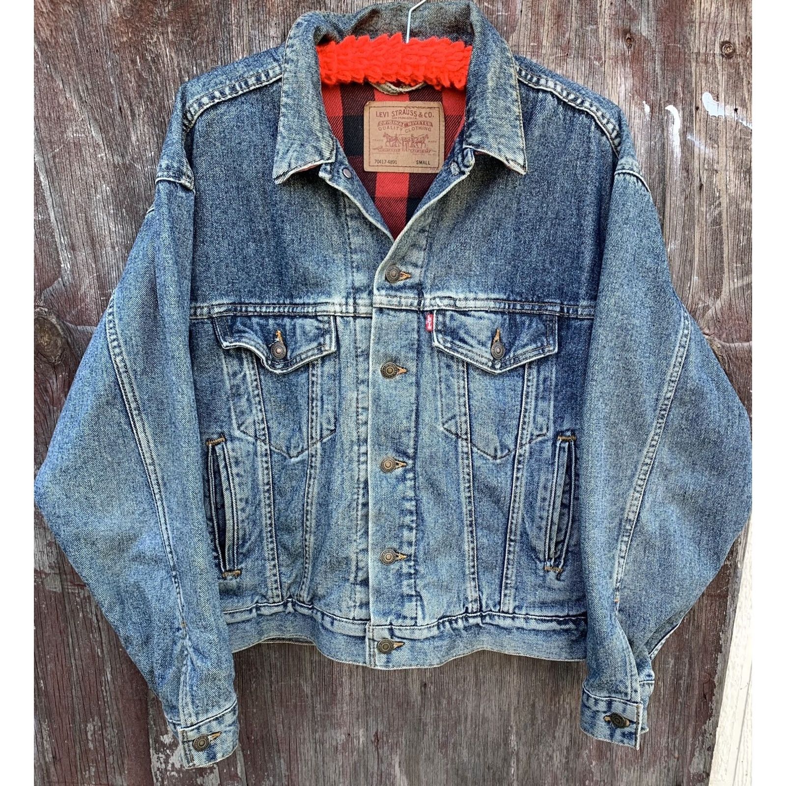 Levi's VINTAGE Levi's Denim Jacket Buffalo Plaid Lined Made In USA Cowboy Core Trucker S Mens Jacket Wide Western 70417-4891 Blue Denim Cotton Lined Vintage Size US S / EU 44-46 / 1 - 2 Thumbnail