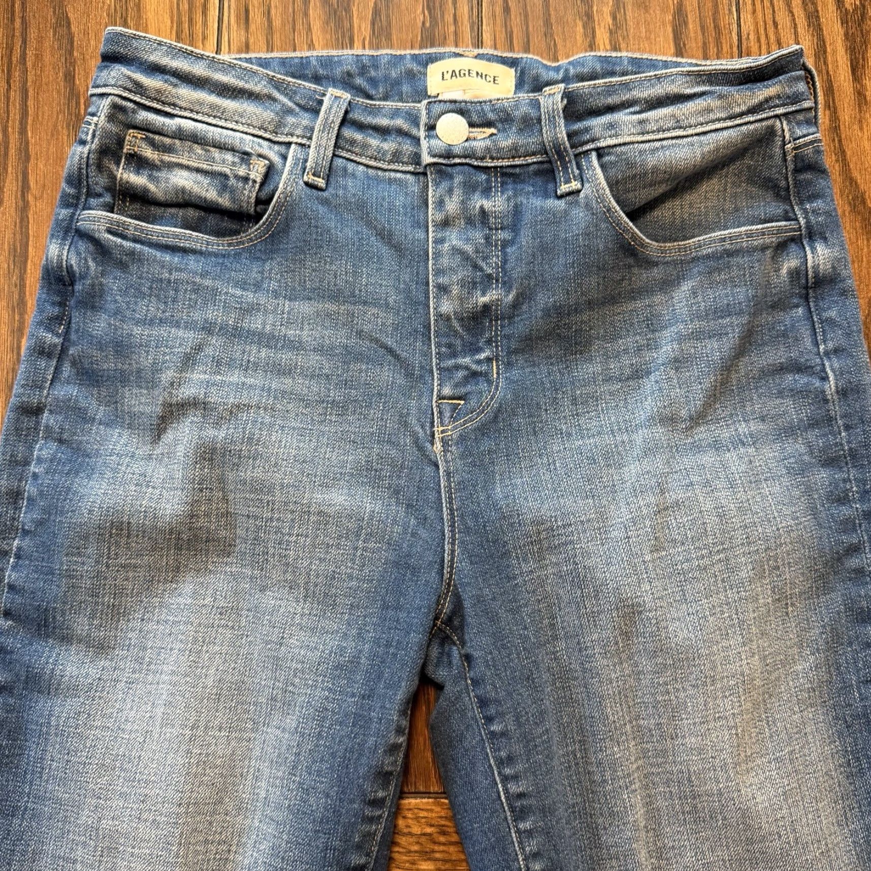 L'AGENCE L'AGENCE Ruth High Rise Straight Jeans Woodbridge Blue Raw Hem 28 2649HZNR Women's Jeans Slim Straight 5-Pocket Denim Rise >10.5in Regular Inseam 30in Size 28" / US 6 / IT 42 - 3 Thumbnail