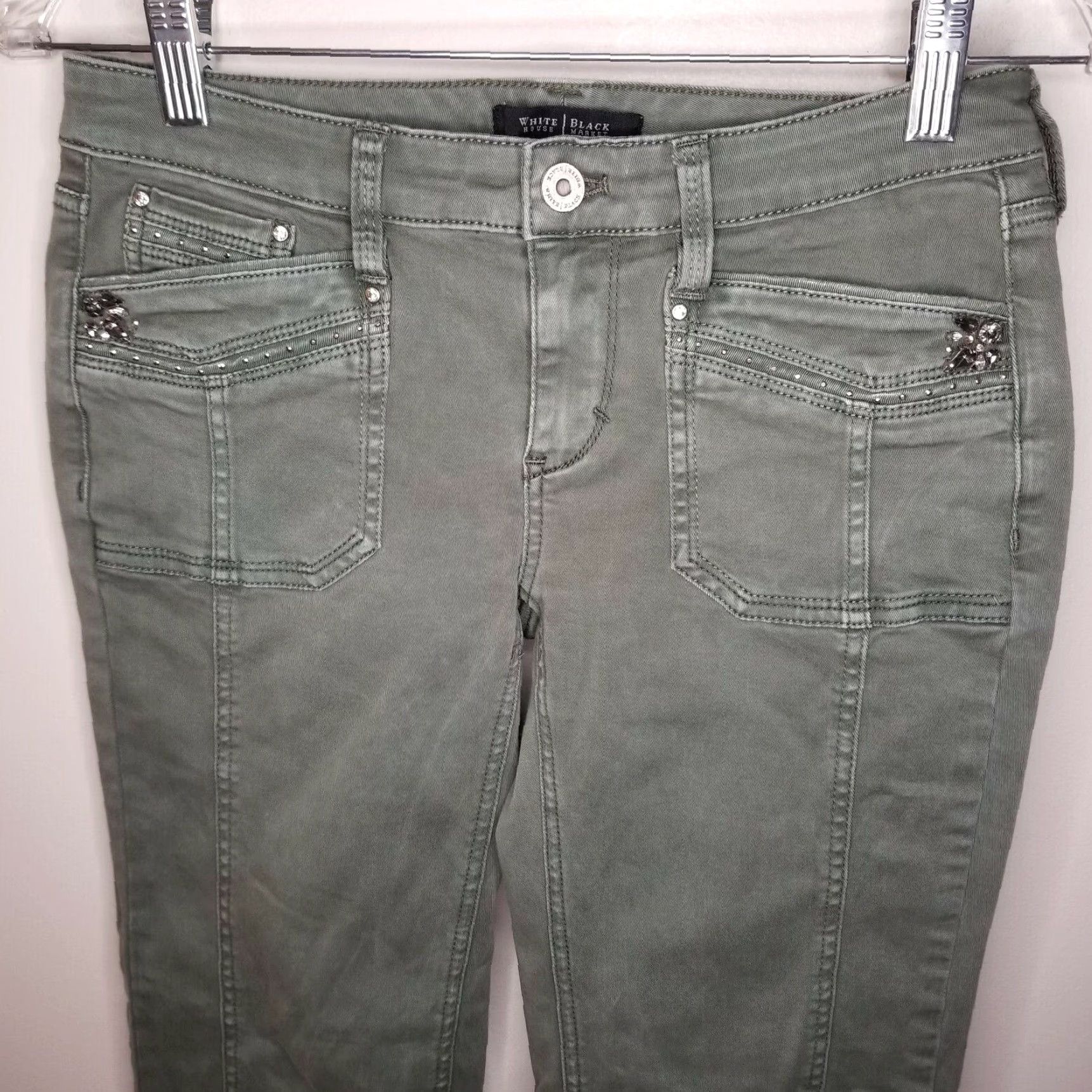 White House Black Market White House Black Market Green Bedazzled Straight Jeans Women's Size 00 Regular Size 24" / US 00 / IT 34 - 2 Thumbnail