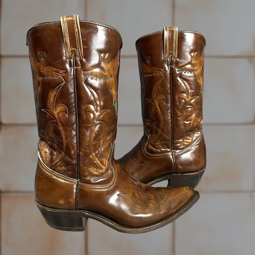Imperial VINTAGE Cowboy Boots Main Brand Texas Western Boot Men 9 D Brown Leather Patent Embroidery Cowboy 90s USA Size US 9 / EU 42 - 1 Thumbnail