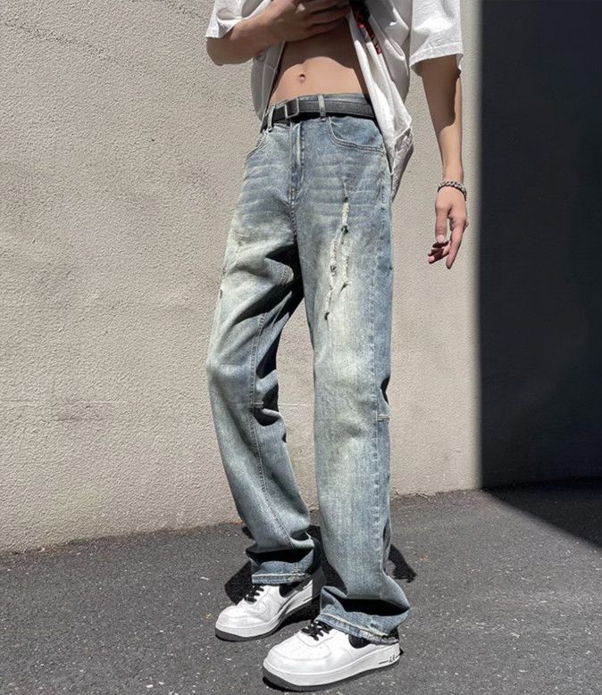 Japanese Brand High street retro blue men's washed distressed casual jeans Size US 32 / EU 48 - 2 Thumbnail