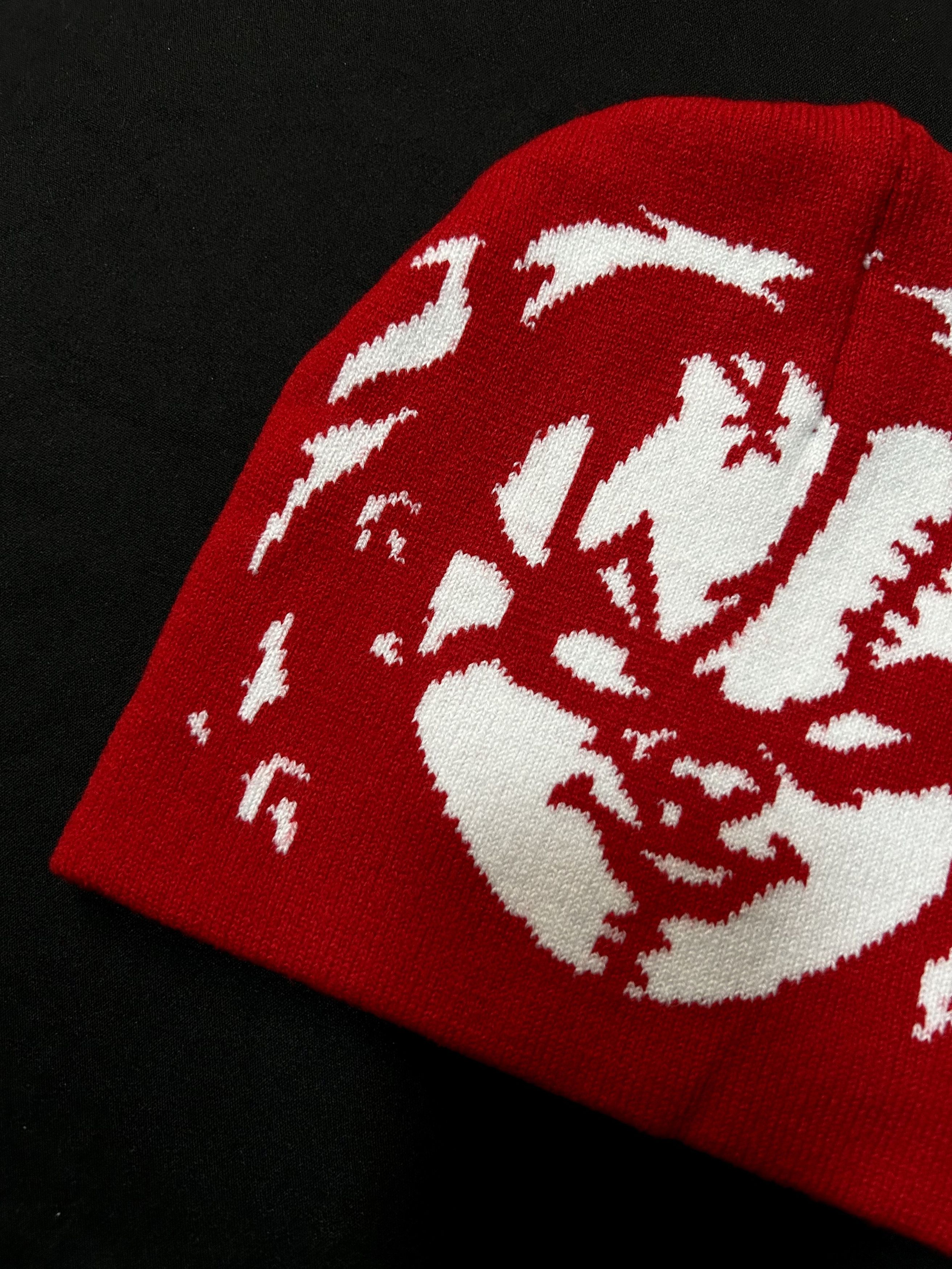 Japanese Brand Rare Chunky Graphic No Cuff Knit Red Beanie Hats OS Size ONE SIZE - 2 Thumbnail