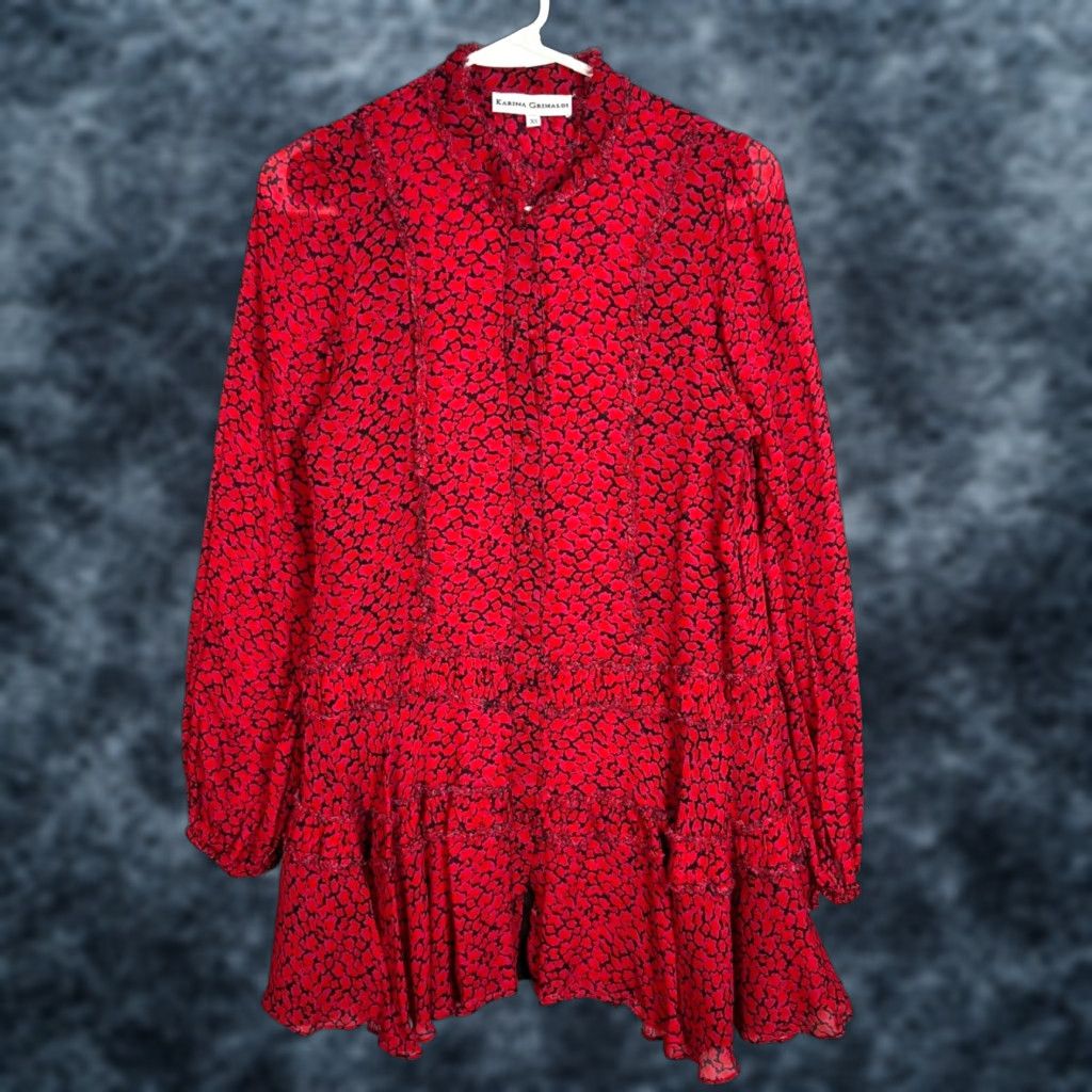 Karina Grimaldi KARINA GRIMALDI Red Animal Print Mini Dress Womens XS Long Sleeve Ruffle Hem Size XS / US 0-2 / IT 36-38 - 1 Thumbnail