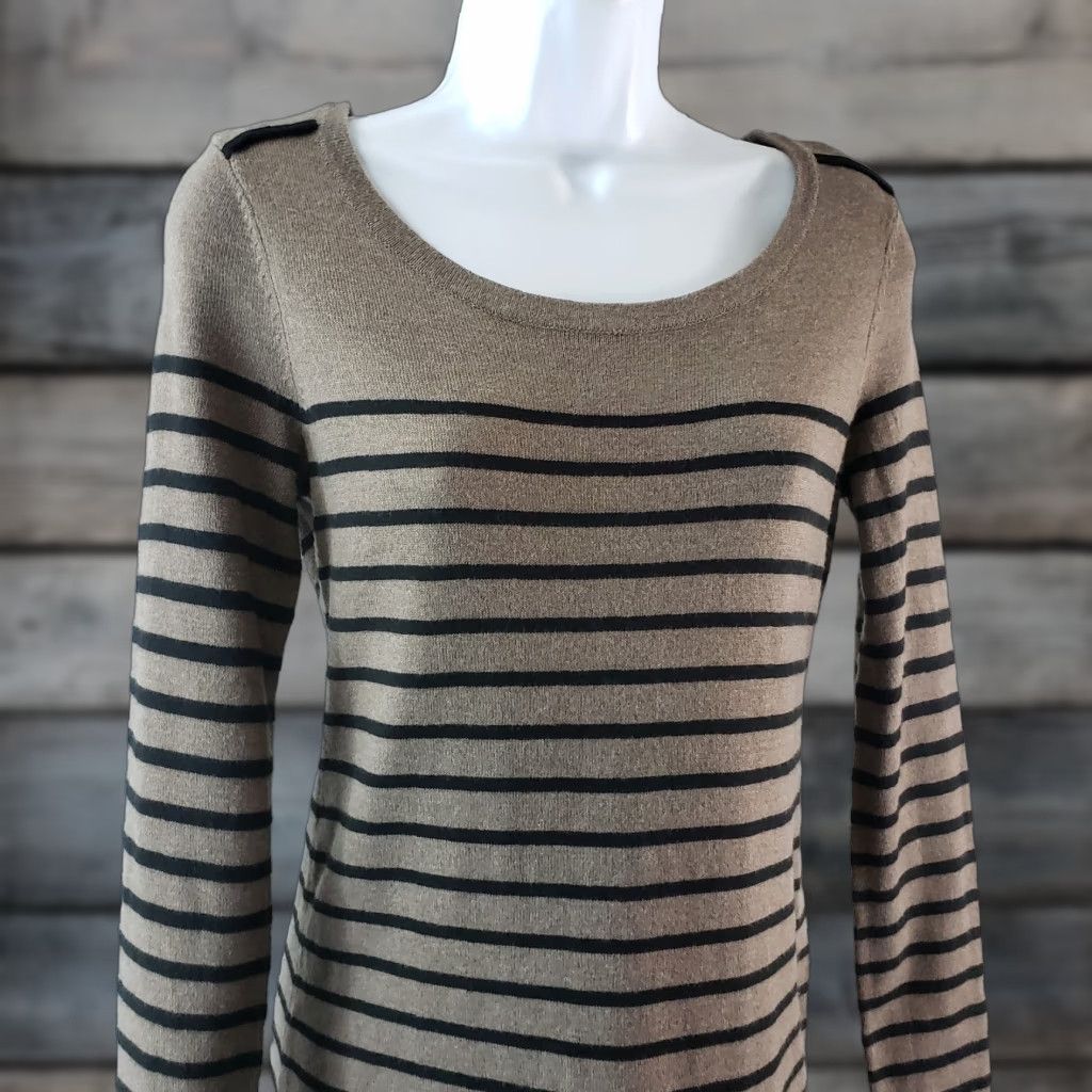 Loft LOFT Ann Taylor Womens Sweater Dress XS Black Taupe Striped Long Sleeve Pullover Knit 32" Length 24" Sleeve Size XS / US 0-2 / IT 36-38 - 1 Thumbnail