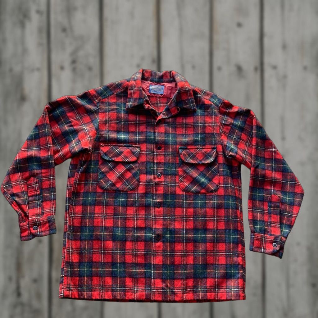 Pendleton VINTAGE Pendleton Shirt Men L Red Wool Plaid Button-Up Collared Long Sleeve Regular Fit Thread: Classic Western Pockets Mens Size US L / EU 52-54 / 3 - 1 Thumbnail