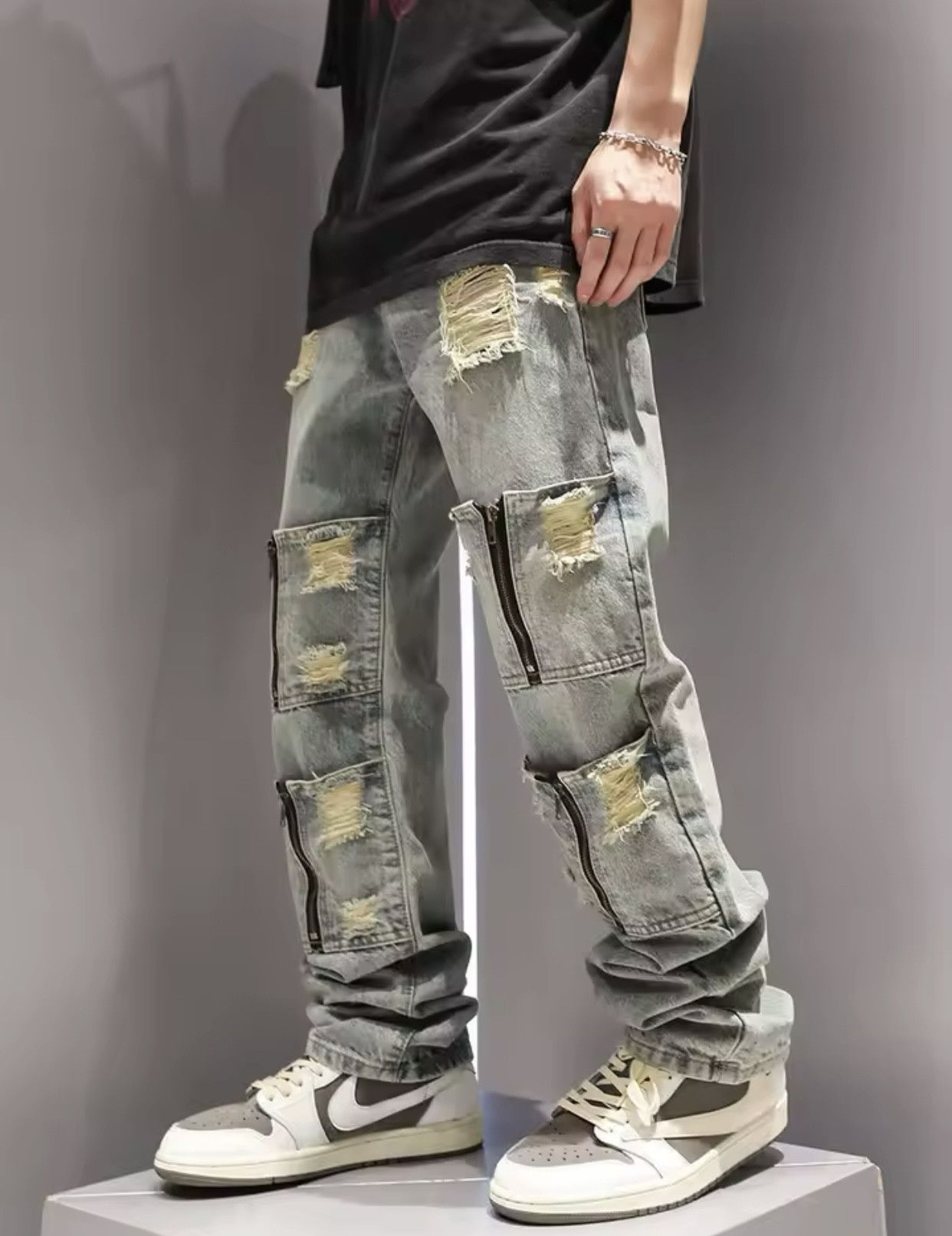 Multi Zipper Pocket Washed and Perforated Jeans