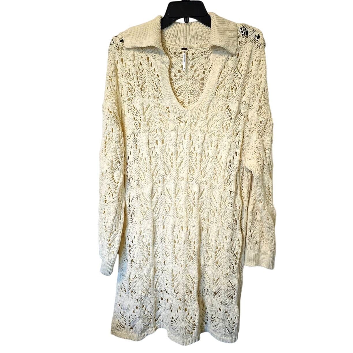 Free People New Elton Collared Crochet Mini Dress $178 MEDIUM Ivory Size M / US 6-8 / IT 42-44 - 8 Thumbnail