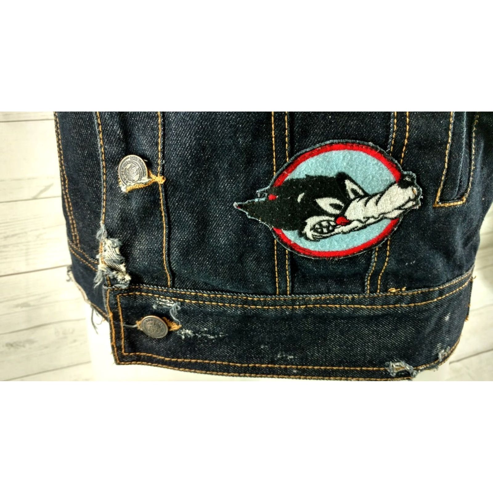 Born Born Fly Blue Denim Distressed Patch Pockets Jean Vest Men's Medium Size US 31 - 6 Thumbnail
