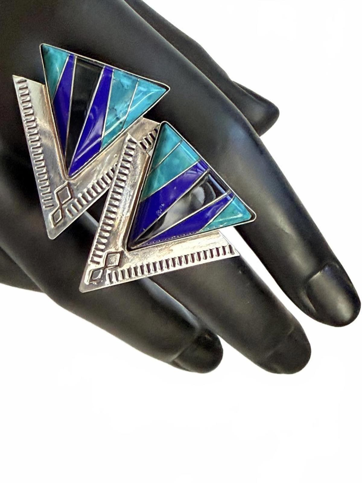 Other Sterling Inlay Triangle Earrings Lapis Turquoise SW Size ONE SIZE - 2 Thumbnail