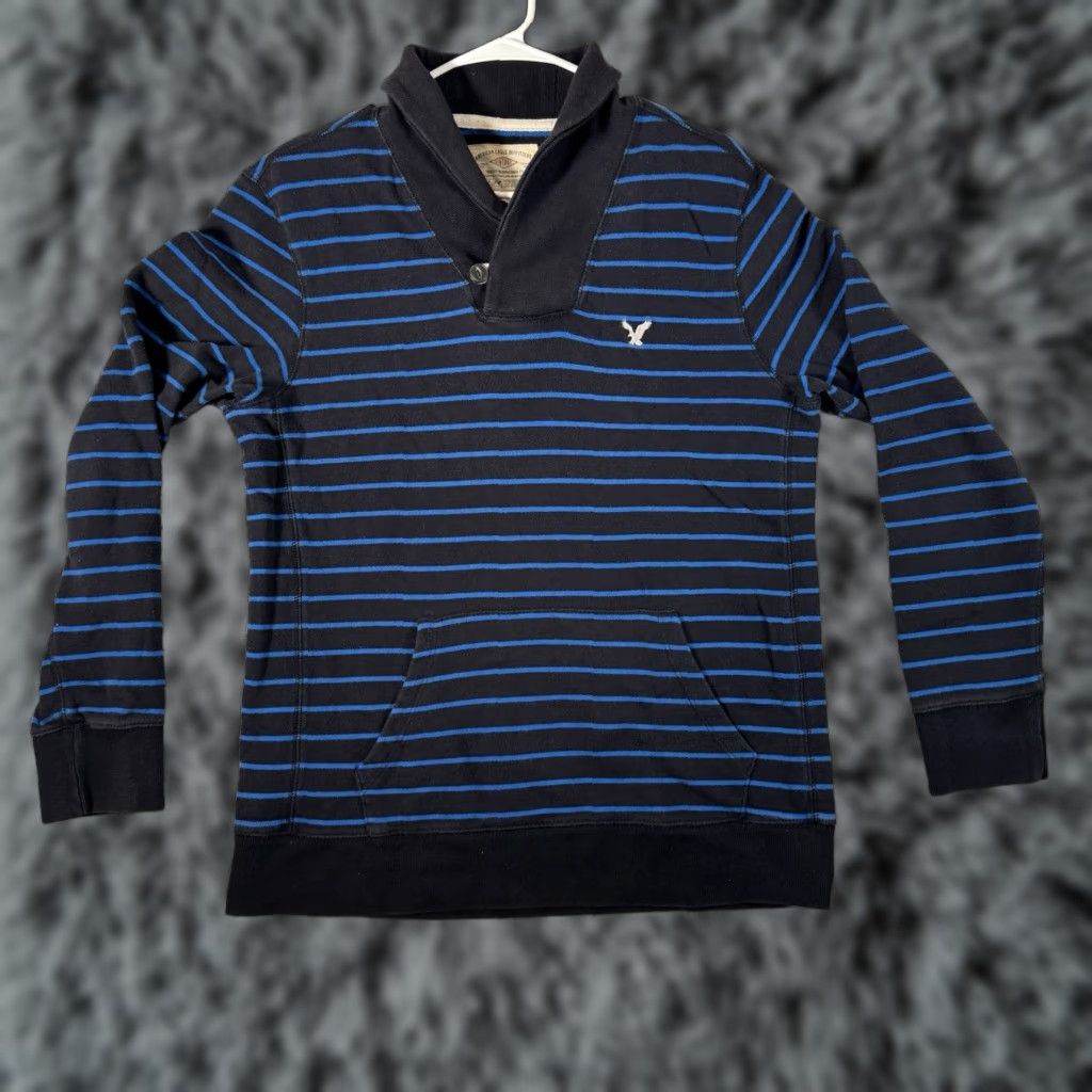 American Eagle Outfitters VINTAGE American Eagle Outfitters Pullover Sweater M Shawl Collar Striped Knit's Cotton Preppy Layering Y2K Men Blues Long Sleeve Size US M / EU 48-50 / 2 - 1 Thumbnail