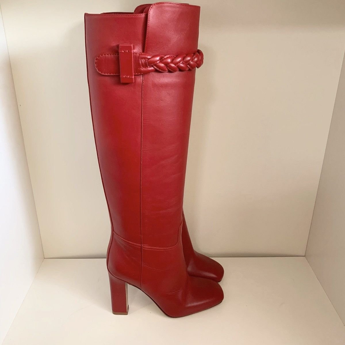 Red calfskin knee boots